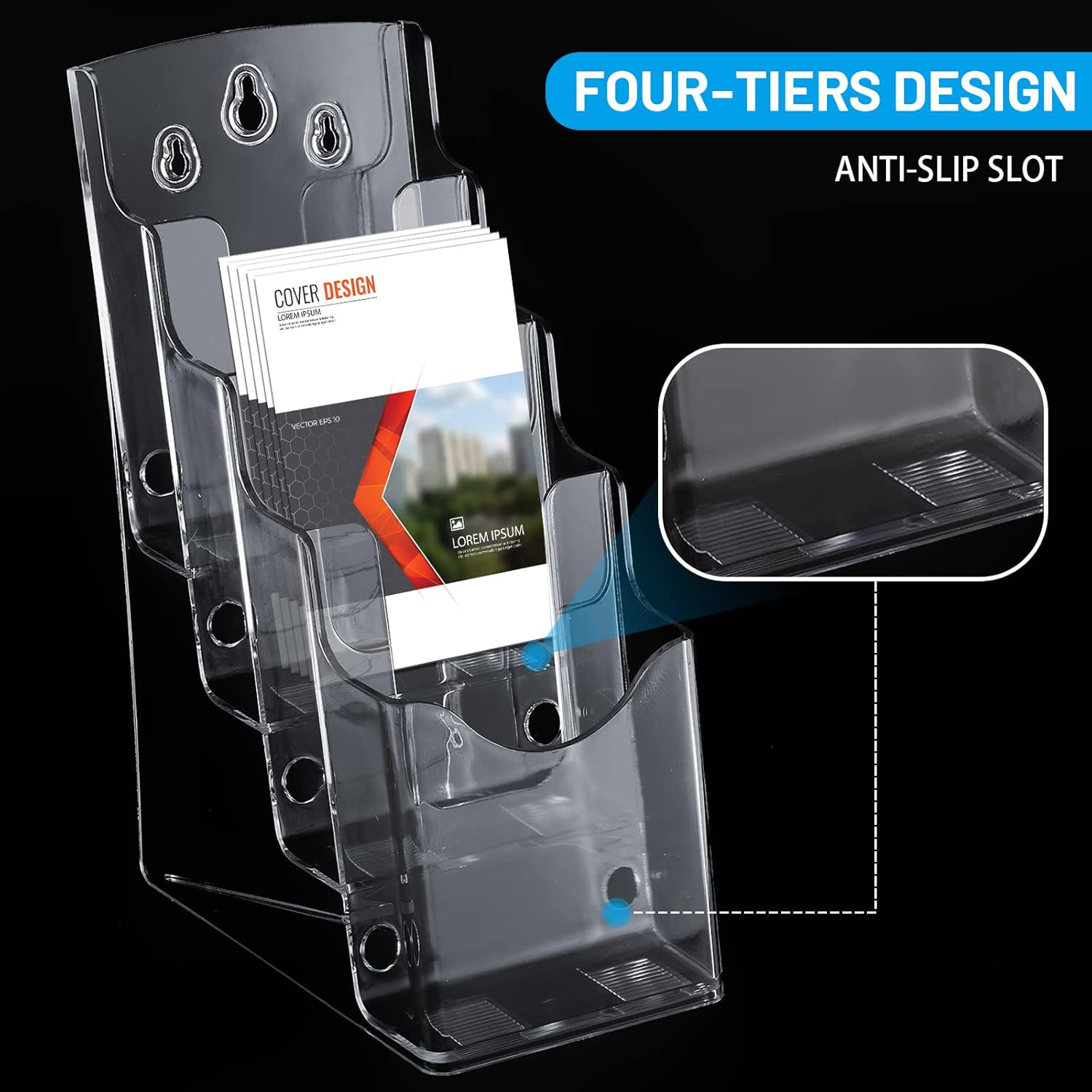Wholesale 4 Pcs Acrylic Brochure Holder, 4 x9 Inches Flyer Holder, 4 Tier Clear Pamphlet Holder, Magazine Literature Organizer Holder, Brochure Display Stand, For Wall Mount or Desktop Use China Factory Bulk Supply