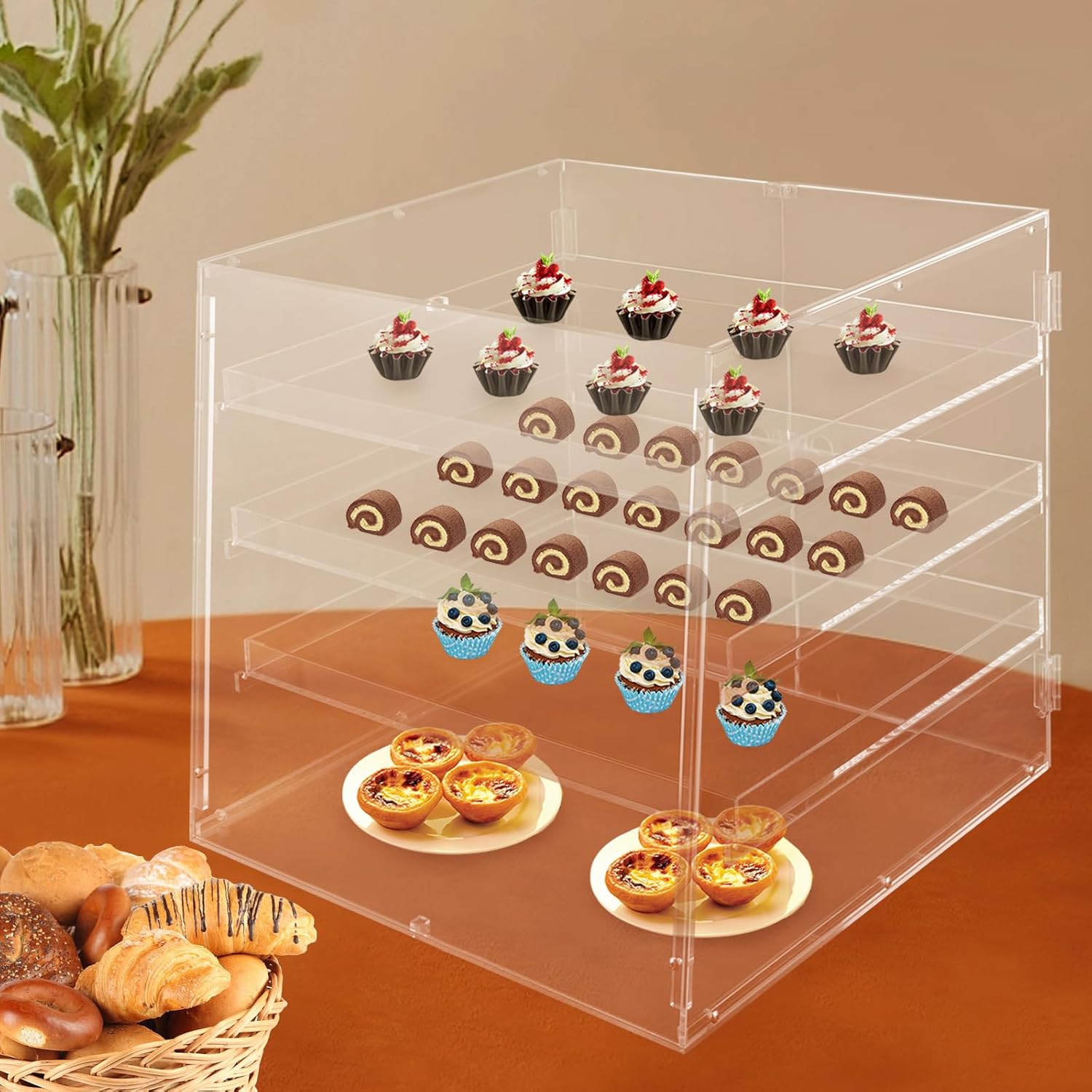 Wholesale OEM ODM Clear Acrylic Pastry Display Case, Bakery Display Case Countertop 3-Tier Commercial Countertop Display Case Large Display Box Bread Display Case (L 18.7" × D 17.71"× H 17.71") Factory & Supplier