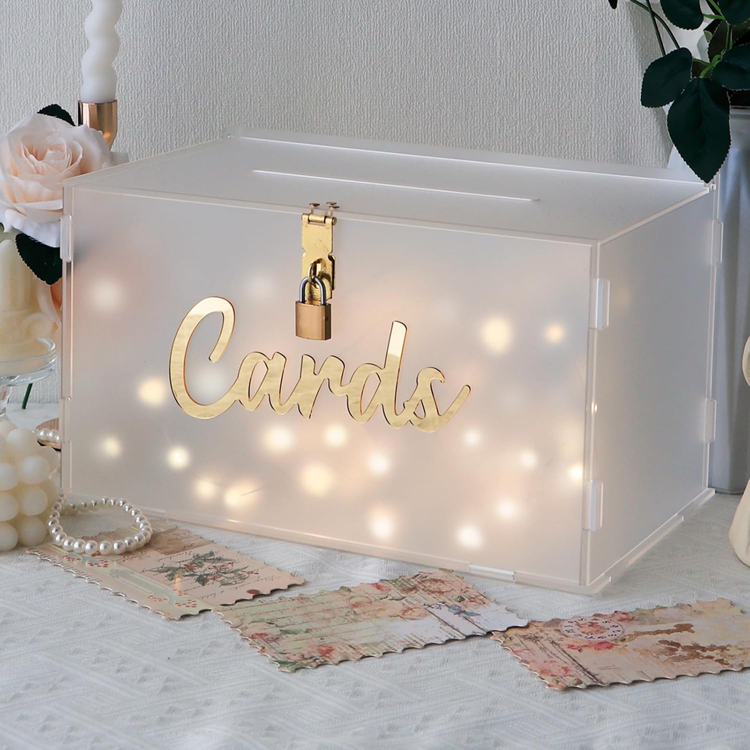 OurWarm Frosted Acrylic Wedding Card Box with Lock, Large Gift Card Box for Wedding Reception with Slot and String Light