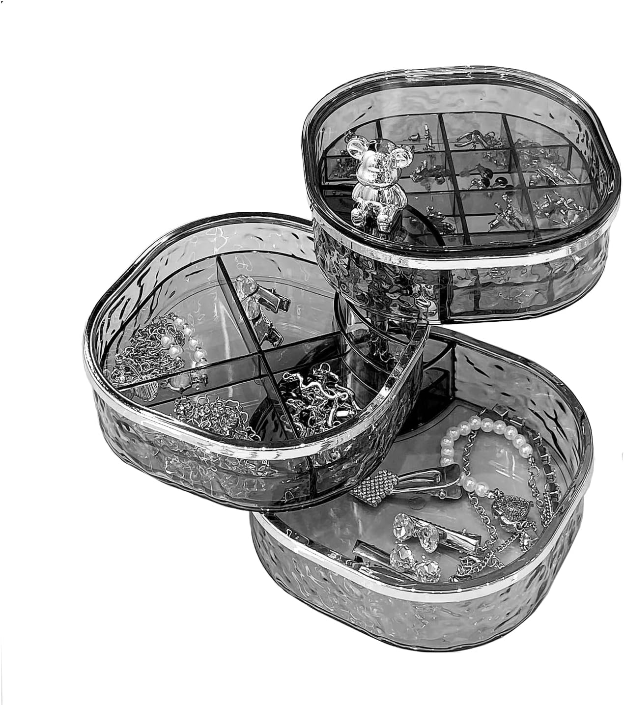 Jewelry Organizer, 3 Layers Rotating Jewelry Box, Small Jewellery Box, Earring Holder with Lid for Earring Organizer, Various Compartments for Rings, Earrings, Necklace, Bracelets, Clear/Grey
