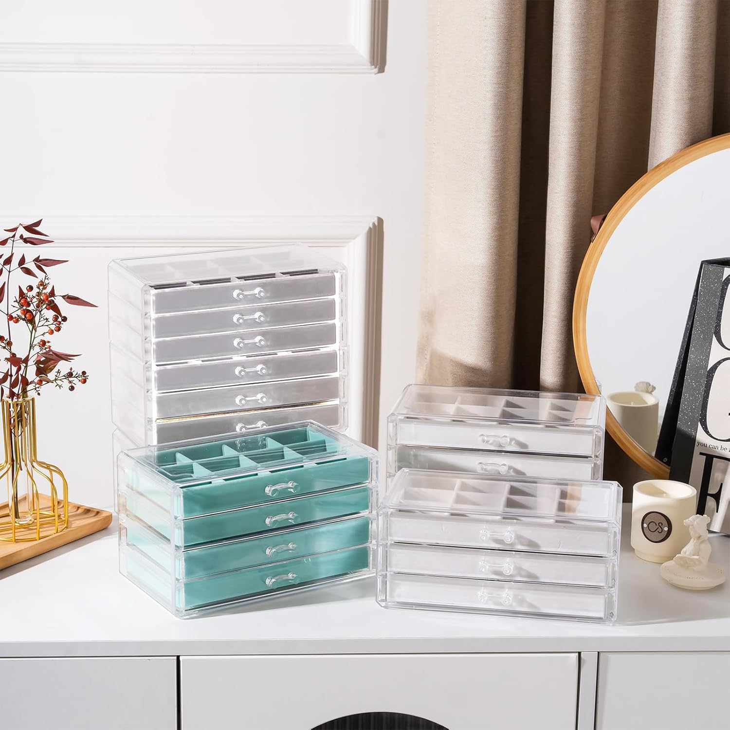 Direct Manufacturer Lolalet Earring Holder Organizer Box Jewelry Storage with 4 Drawers, Clear Acrylic Stackable Earring Case with Adjustable Velvet Trays for Women on Dresser Vanity -Warmwhite, 4 Layers Low MOQ