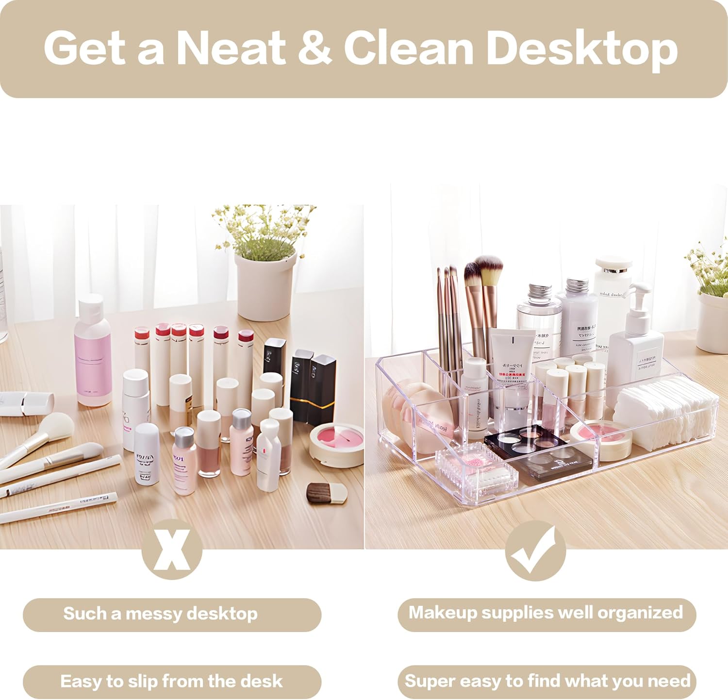 Private Label Clear Makeup Organizer, Makeup Brushes Storage Case, Cosmetic Display Case Tray, Tiered Skincare Organizer, Acrylic Lipstick Holder Countertop Desk Brush Organizer for Bedroom Vanity Custom Logo Service