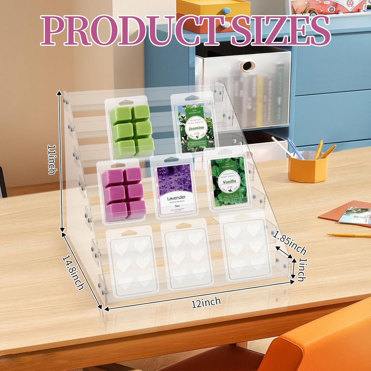 ODM 12“ Wax Melt Holder Display 7 Tier Acrylic Riser Display Stands Wax Melts Storage Clear Acrylic Display Shelf For Wax Melt Clamshells Wax Melt Candles Wax Cubes Wax Tarts Wax Block（NO Wax Melts） Custom Logo Service
