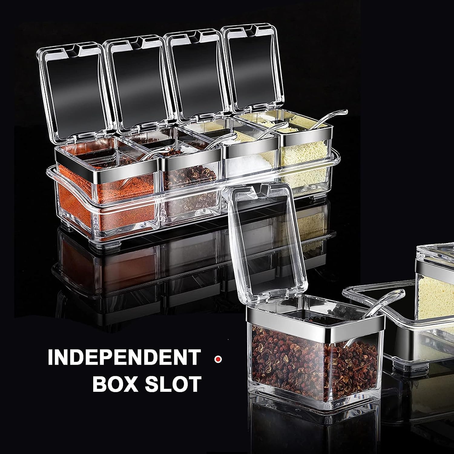 Private Label Acrylic Seasoning Box Set, 4 Piece Clear Premium Quality Storage Rack Spice Pots Condiment Jars for Salt Sugar Cruet Kitchen Organization Containers with Cover and Spoon Dropshipping Friendly