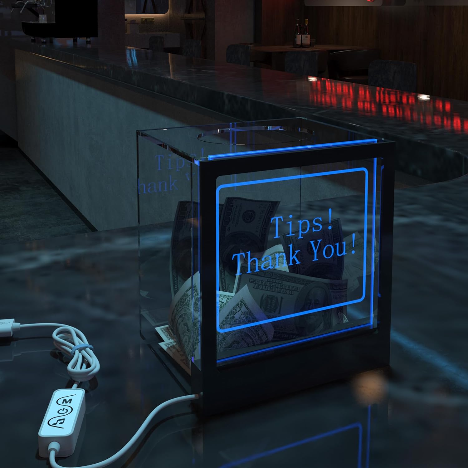 Private Label Lighted Up Tip Jar with Large Opening, Suggestion Box for Tip Collection & Donation, Hundreds Changing Colors LED Lights Tip Box with Customizable Message Sign for Money, Voting and Ballot Ecommerce Ready Product