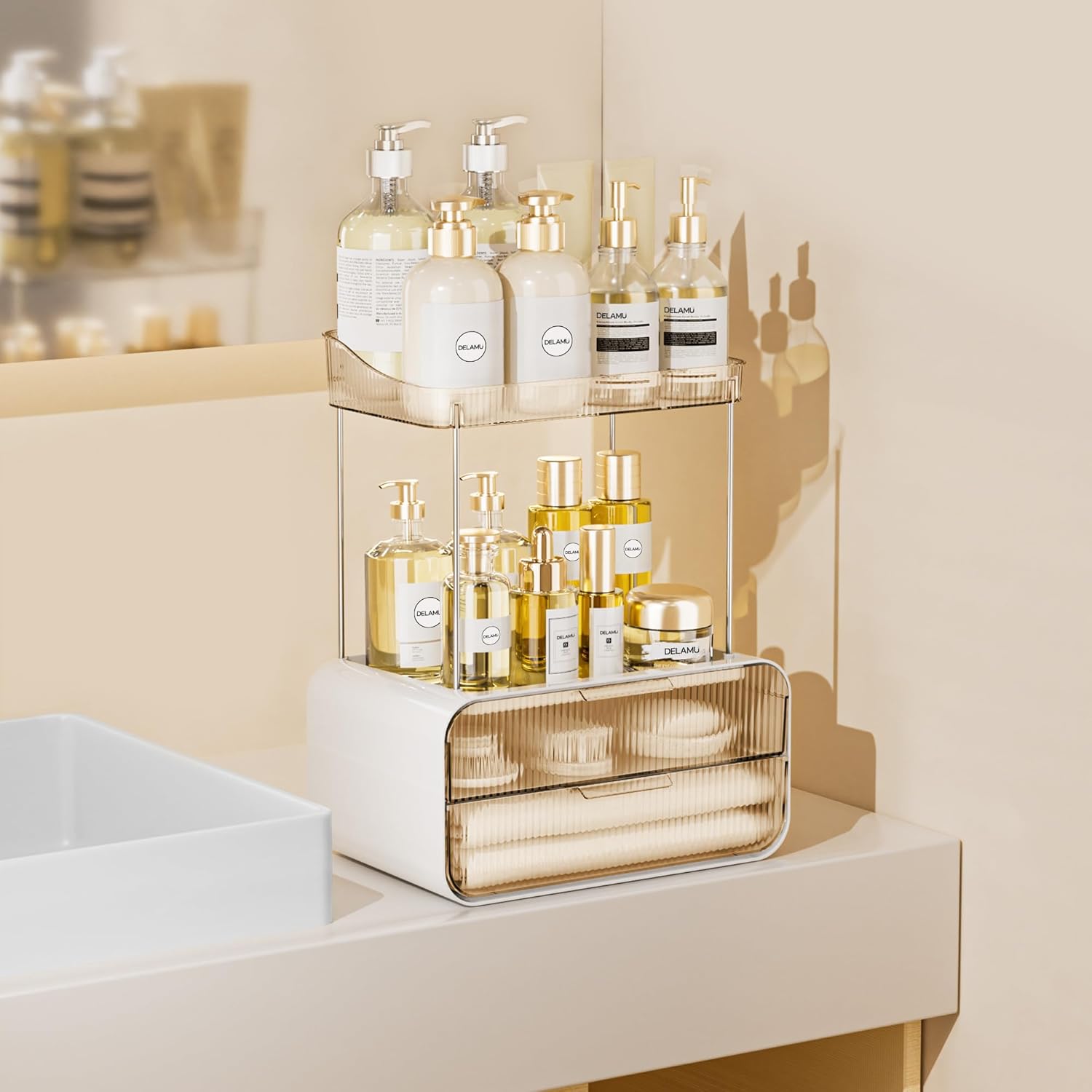 Private Label Delamu Bathroom Counter Organizer 2-Drawers 2-Tier Acrylic Makeup Organizer for Vanity Countertop, Skincare Perfume Storage, Easy Assembly, Ideal Gift for Women, Bath Linen Sets, Amber Custom Logo Service