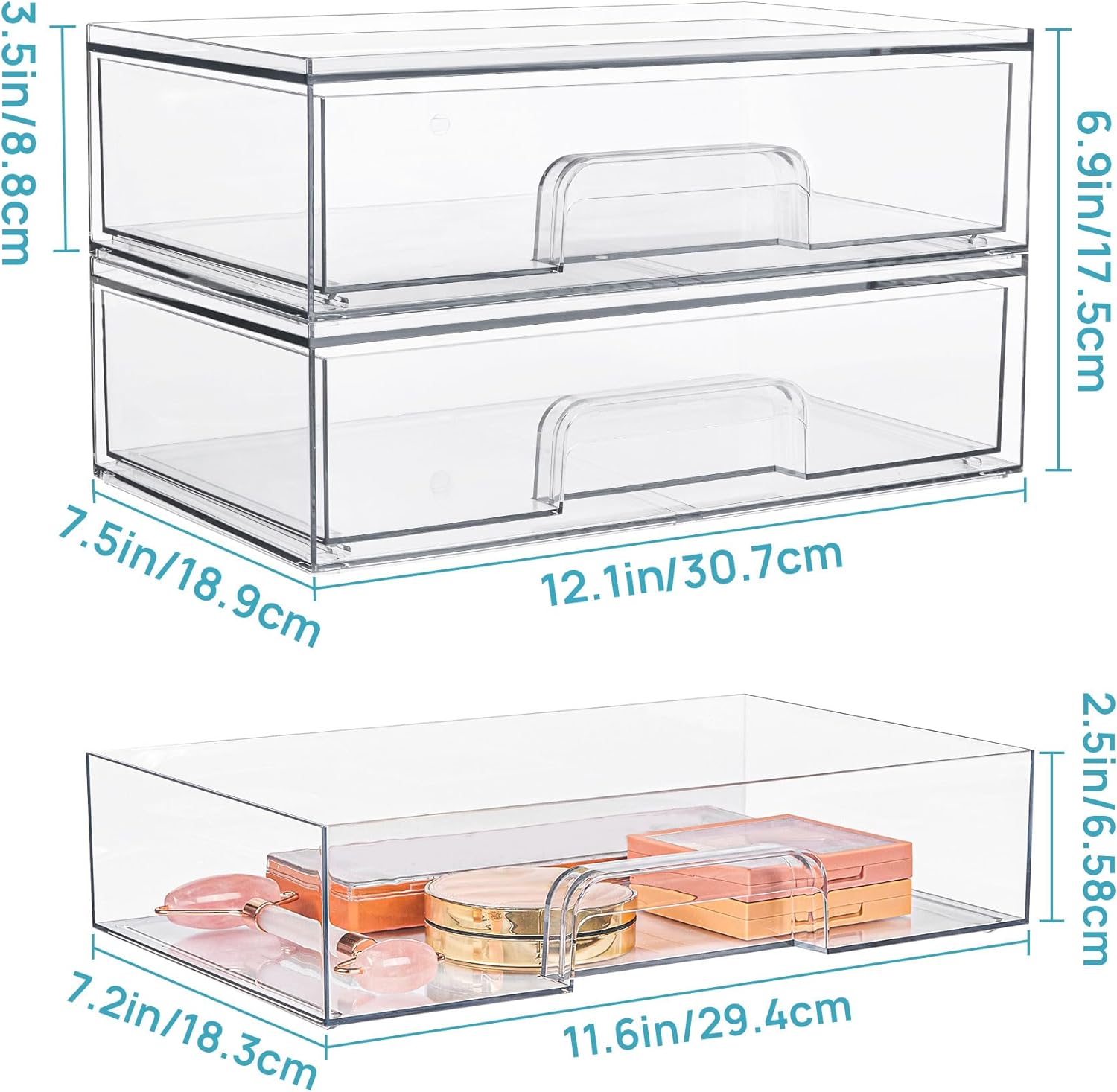 Private Label Vtopmart 12.1''W Clear Stackable Storage Drawers,2 Pack Acrylic Plastic Organizers Bins for Makeup Palettes, Cosmetics, and Beauty Supplies,Ideal for Vanity, Bathroom,Cabinet,Desk Organization Custom Logo Service