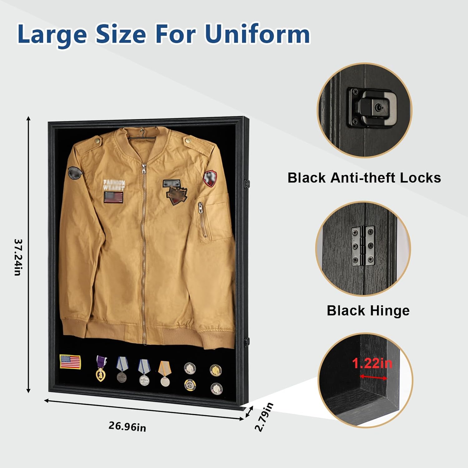 Private Label Military Uniform Display Case - Police Uniform Display Case - Lockable Wall Mount Cabinet with UV Protection Acrylic Door for Military Uniform, Jacket, XXL Jersey, Badage-Black Custom Mold Development