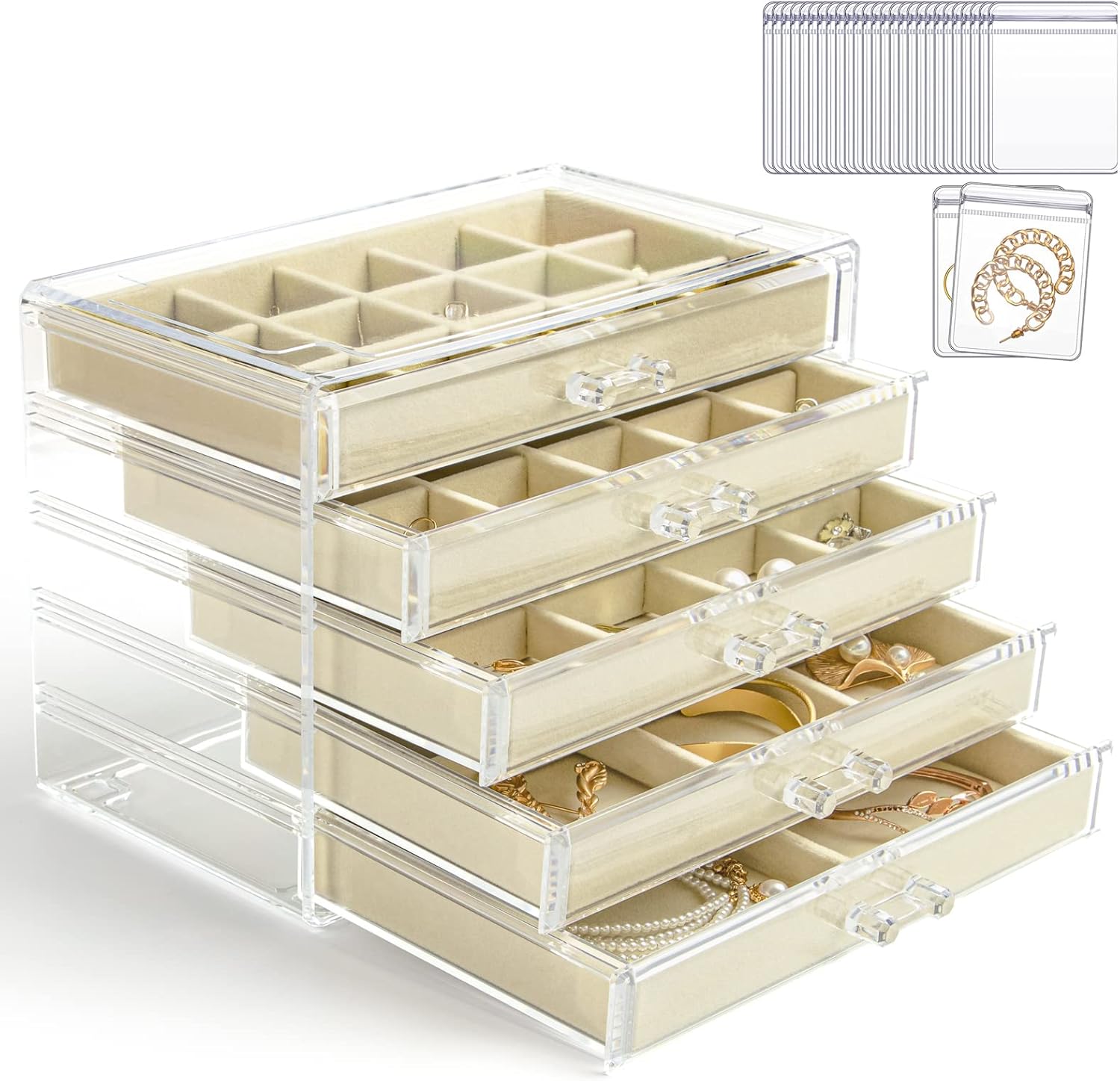 KAMIER Earring Jewelry Organizer with 20 Pcs Portable Jewelry Bag, Clear Acrylic Jewelry Organizer Box for Women with 5 Drawers for Earrings Ring Bracelet Necklace
