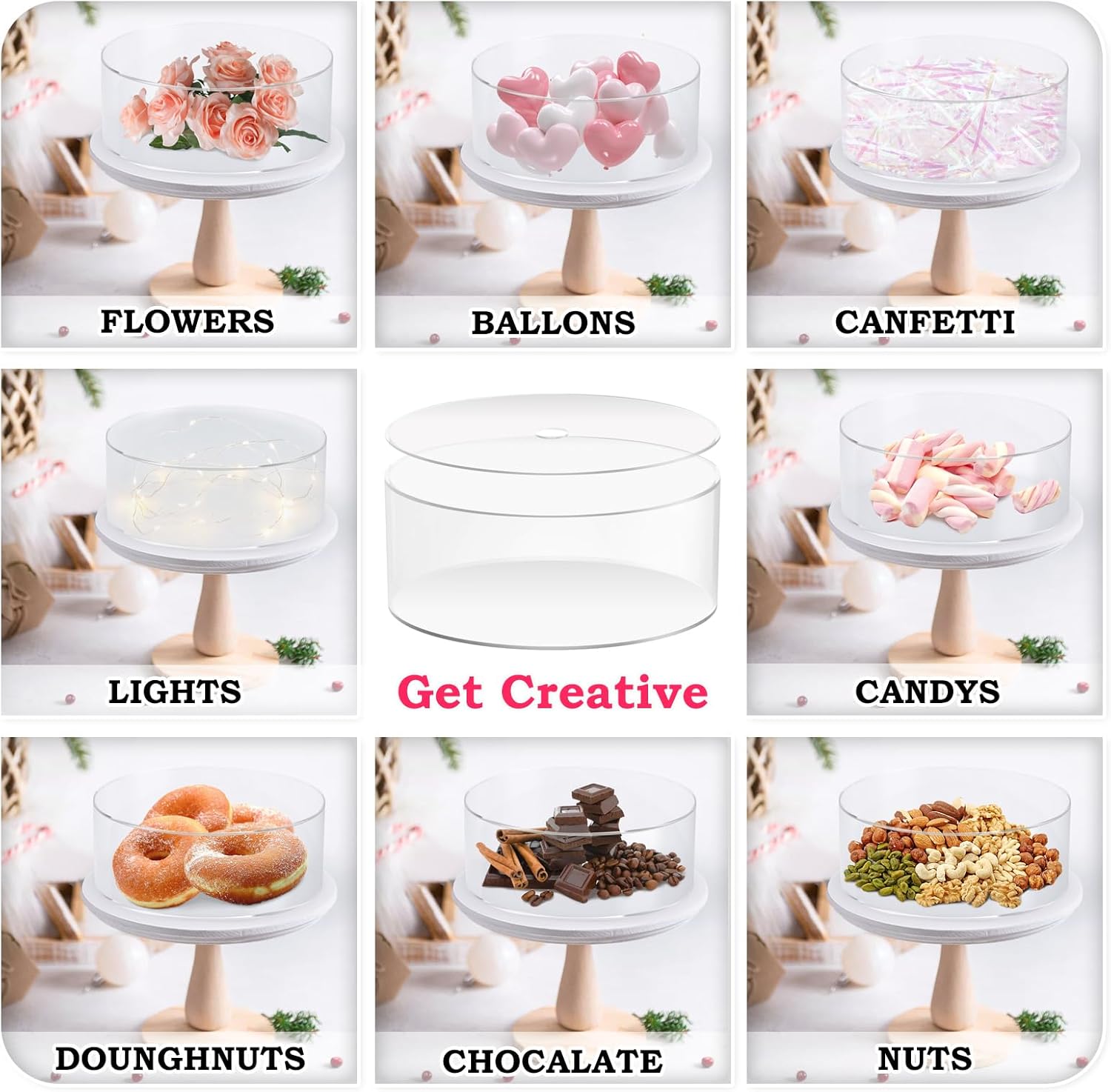 Private Label Choowin 2 Pcs Acrylic Cake Stand with Lid - Fillable, Floating, Clear, Round Cake Stand for Birthday & Wedding & Party (12 inch, 8 inch) Wholesale Manufacturer