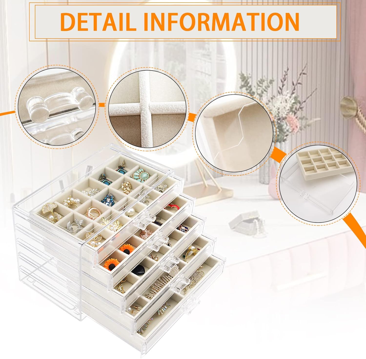 Direct Manufacturer Acrylic Jewelry Box with 5 Drawers, Clear Earring Storage Organizer Display Case for Women Girls, Beige Low MOQ