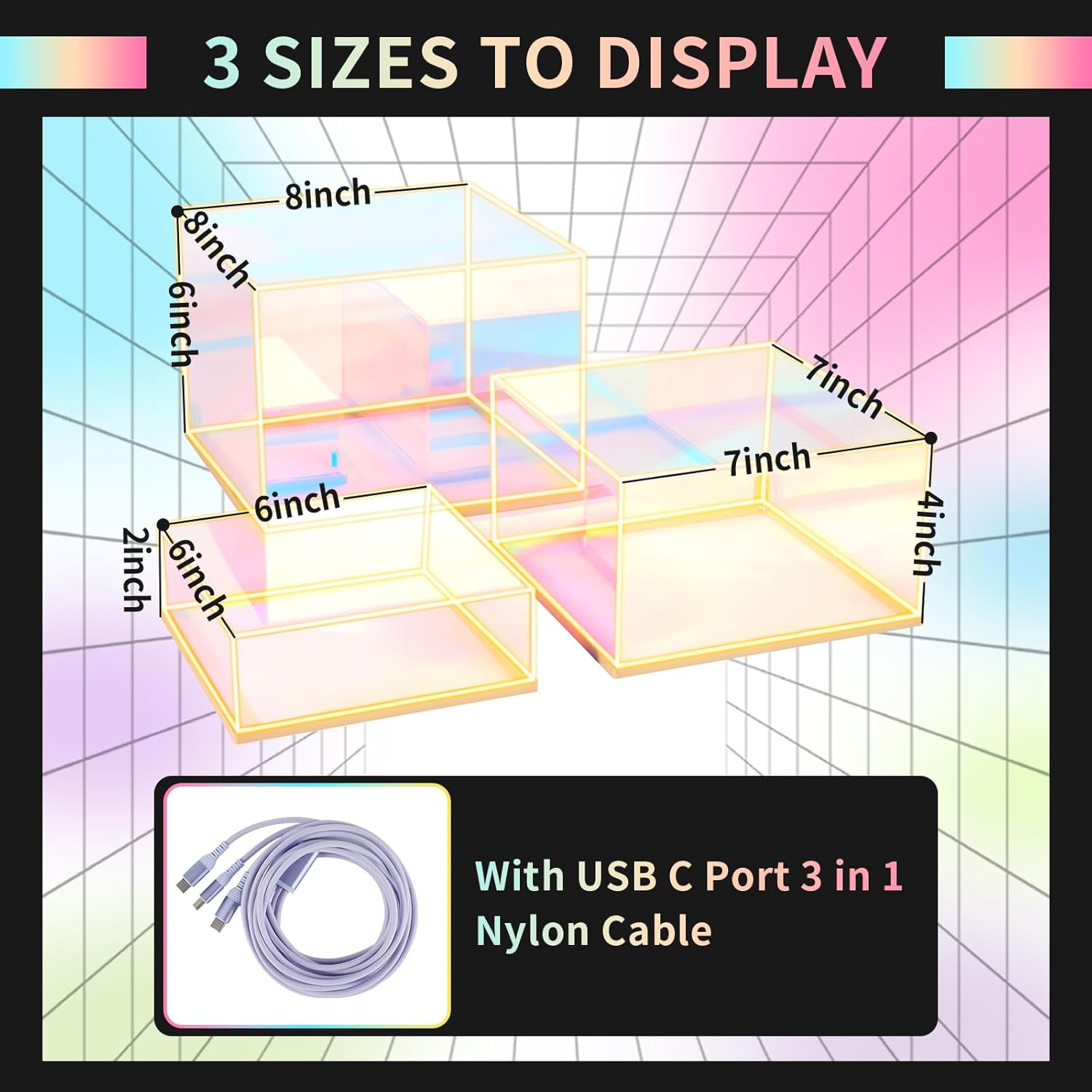 Private Label 3Pcs Iridescent Acrylic Display Risers with LED light, Acrylic Cube Box Rainbow Display Stand with Hollow Bottoms for Figures Dessert Jewelry Perfume Handbag Ecommerce Ready Product