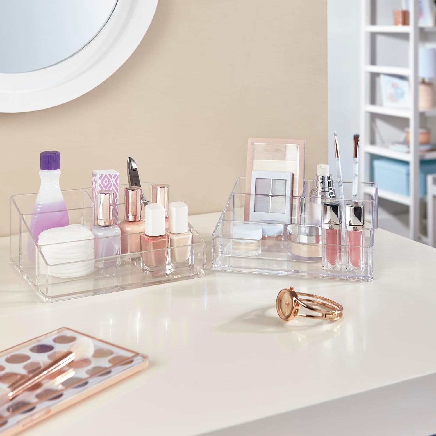 Private Label STORi Clear Plastic Vanity Makeup Organizer | Compact Rectangular 4-Compartment Holder for Brushes, Eyeshadow Palettes, & Beauty Supplies | Made in USA Custom Logo Service