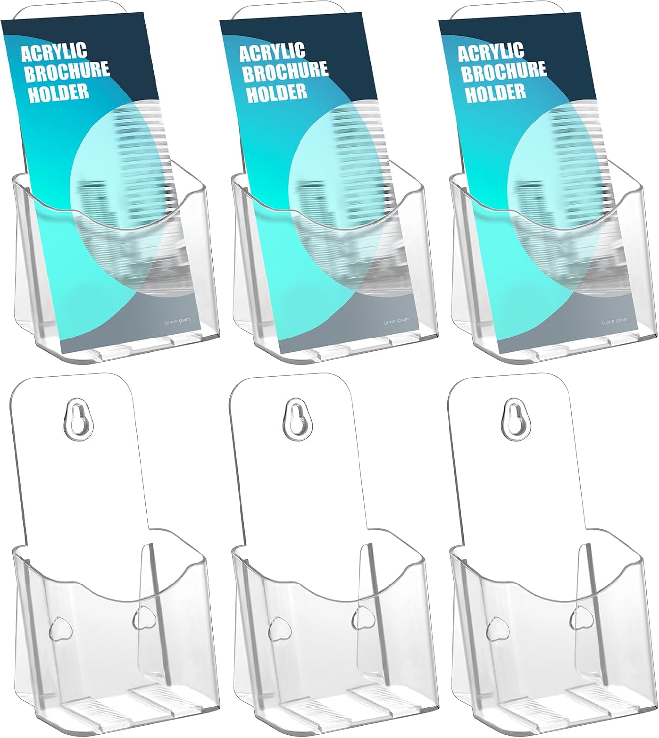 6 Pack Acrylic Brochure Holder, Trifold 4 Inches Wide Clear Plastic Brochure Display Stand, Rack Card Holder for Pamphlet, Mini Flyer, Countertop and Wall Mount Use