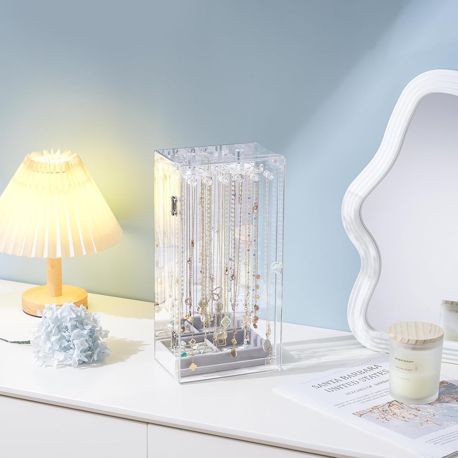Direct Manufacturer Lolalet Necklace Holder Organizer, Acrylic Jewelry Organizer with 24 Hooks, Rotating Clear Necklaces Display Box with Built-in Mirror, Dust-proof Jewelry Storage Case with Velvet Tray -Clearmirror Low MOQ
