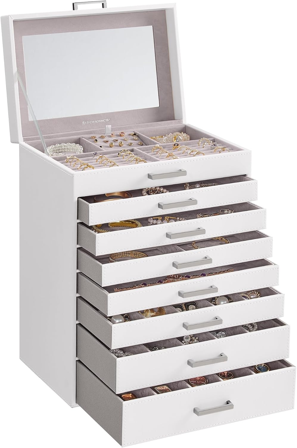 SONGMICS Jewelry Box, 8-Tier Jewelry Organizer, Large Jewelry Case with Big Mirror, 7 Drawers, Large Capacity, Jewelry Storage, Modern Style, Gift for Loved Ones, White UJBC008W02