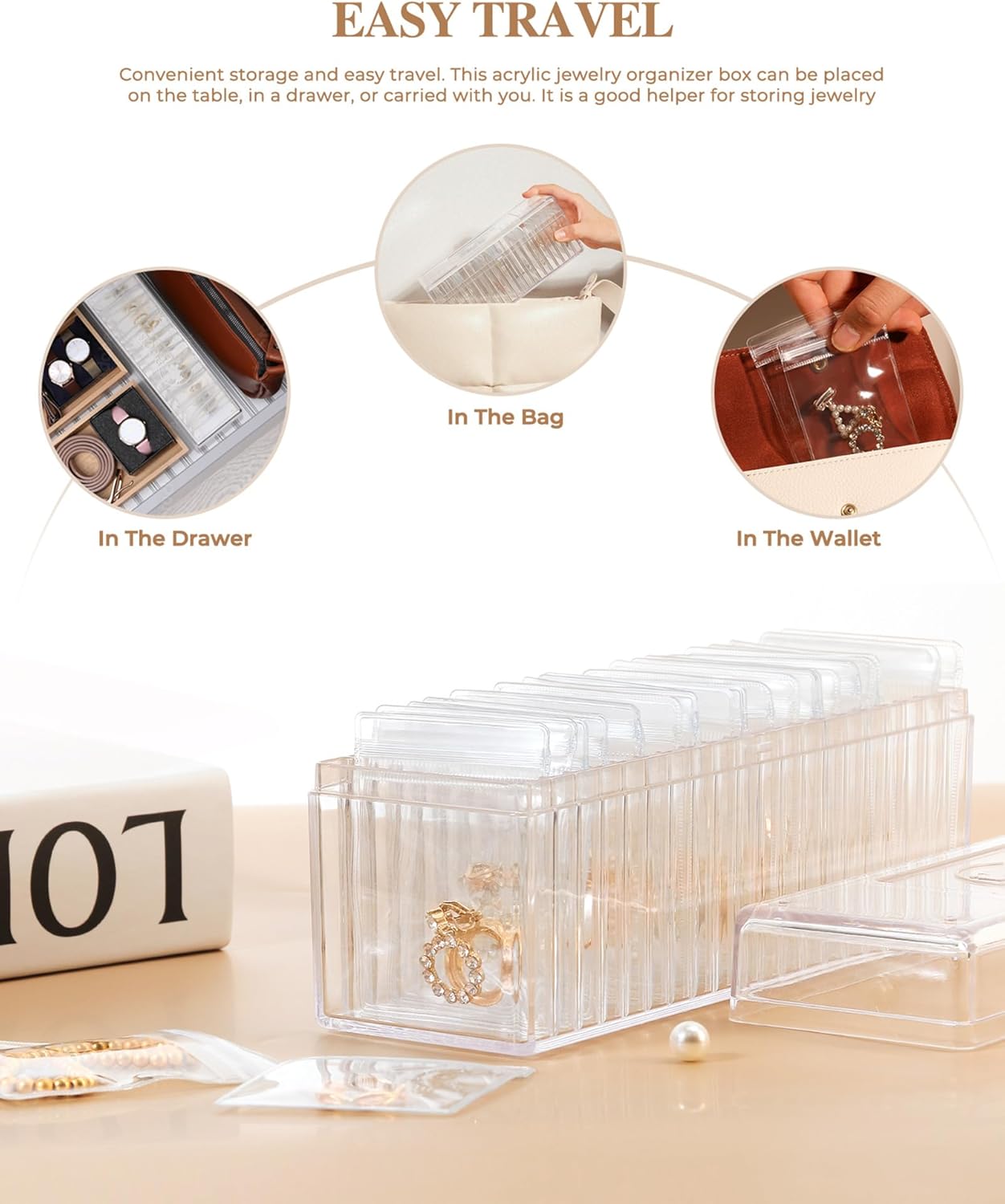 Direct Manufacturer Acrylic Jewelry Box Organizer, Clear Jewelry Organizer and Storage with 20 Portable Anti Tarnish Jewelry bags, Travel Jewelry Case for Earrings/Rings/Necklaces Gifts for Women Girls, Clear Low MOQ
