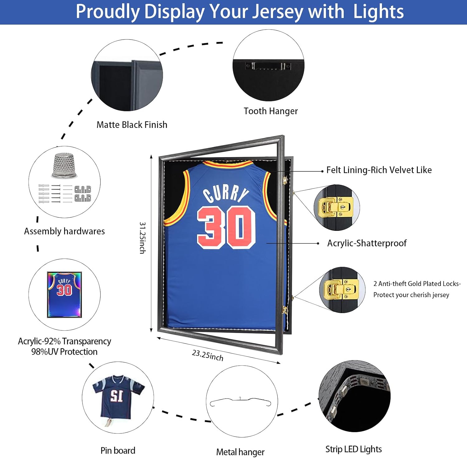 Private Label Jersey Display Frame Case, Large Lockable Shadow Box Sports Jersey Frame with 98% UV Protection Acrylic and Hanger for Baseball Basketball Football Shirt Ecommerce Ready Product