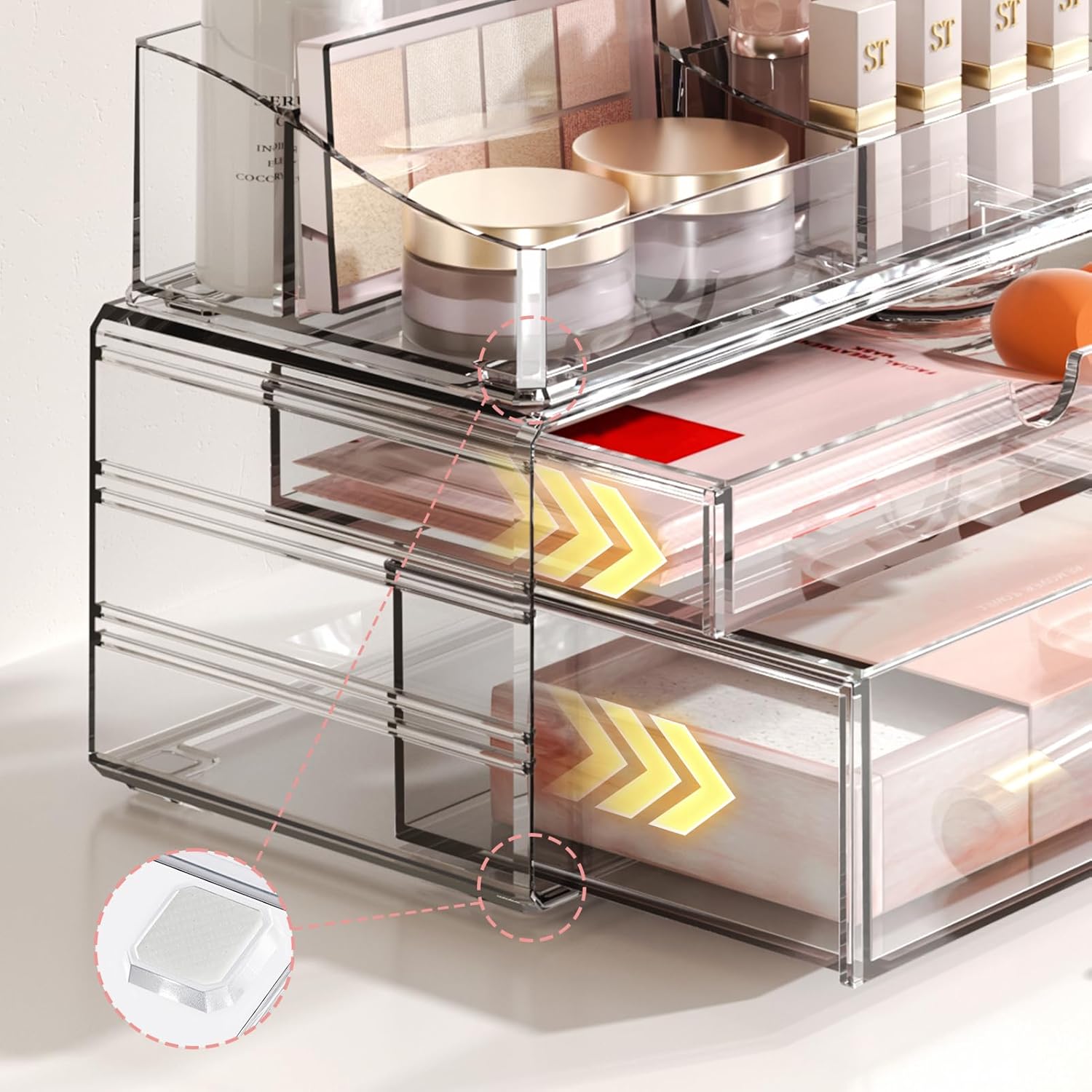 Private Label Delamu 3-Tier Clear Makeup Organizer with Drawer, Acrylic Cosmetic Display Case for Makeup Vanity Bathroom Counter Organizers and Storage, Stackable Vanity Organizer for Brushes Lipsticks Skincare Factory Direct Price
