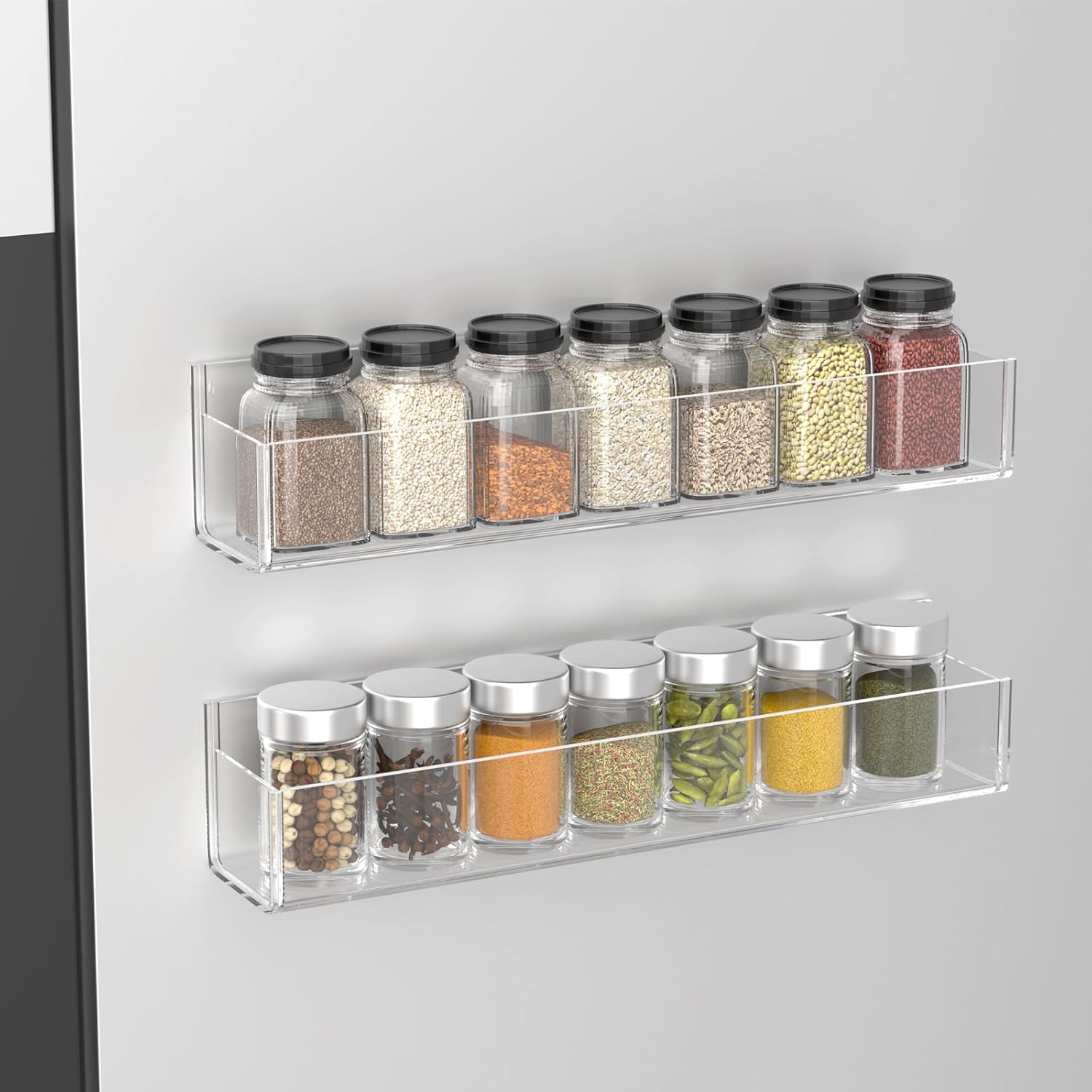 Private Label PMMASTO Adhesive Acrylic Spice Rack Organizer for Wall with Nano Double Sided Tape, Spice Shelf Organization for Kitchen Cabinet Door/Pantry Door, Wall Mount Seasoning Rack (Clear-2 Pack) Dropshipping Friendly