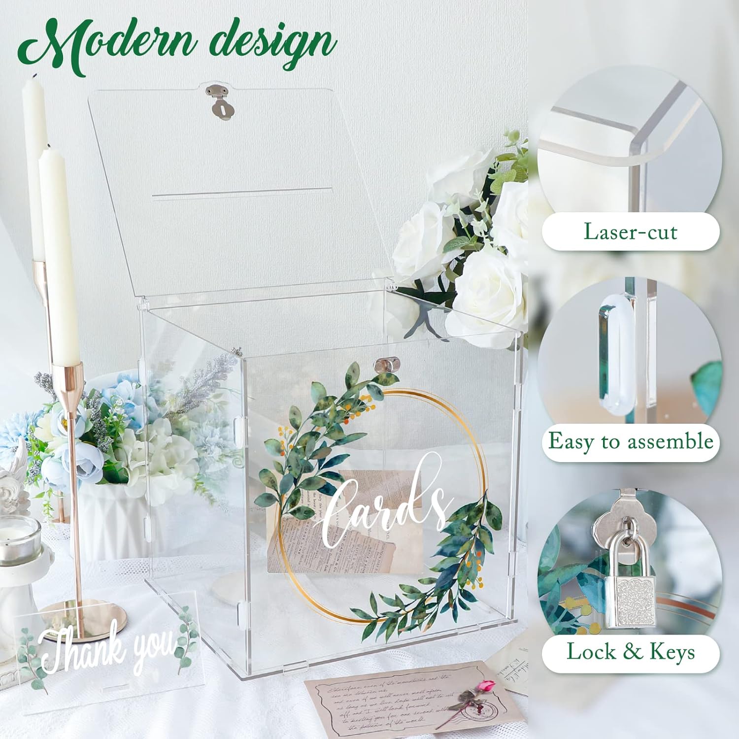 ODM OurWarm Clear Acrylic Card Box with Lock & Slot, Thick DIY Wedding Card Box for Wedding Reception, Large Money Gift Box Eucalyptus Graduation Card Box for Party Graduation Birthday Baby Shower Custom Mold Development