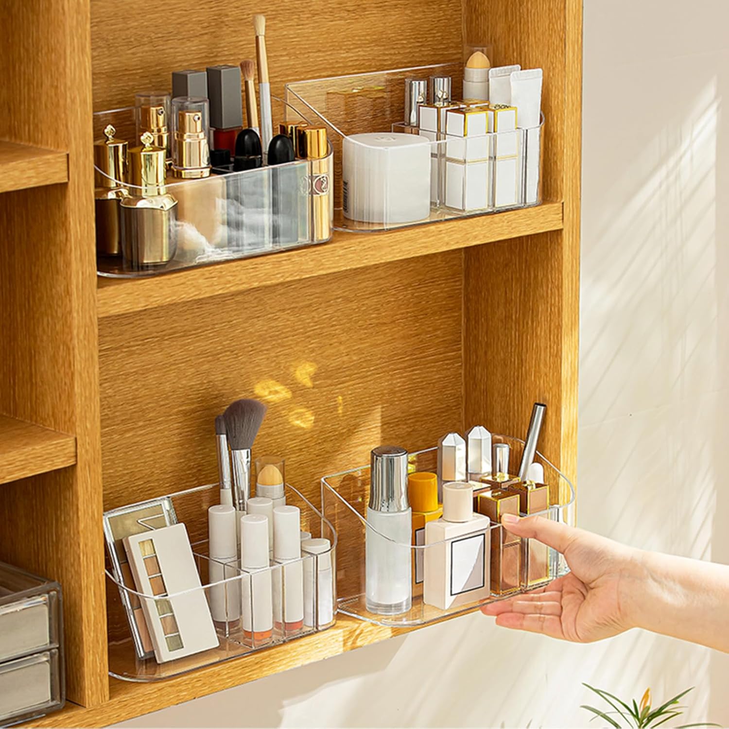 Private Label SUNFICON Makeup Tray Holder Organizer Cosmetic Display Case Tabletop Desktop Vanity Countertop Bathroom Wall Cabinet Medicine Storage Box 9 Dividers 2 Removable for Womens Ladies Girls Crystal Clear Custom Logo Service