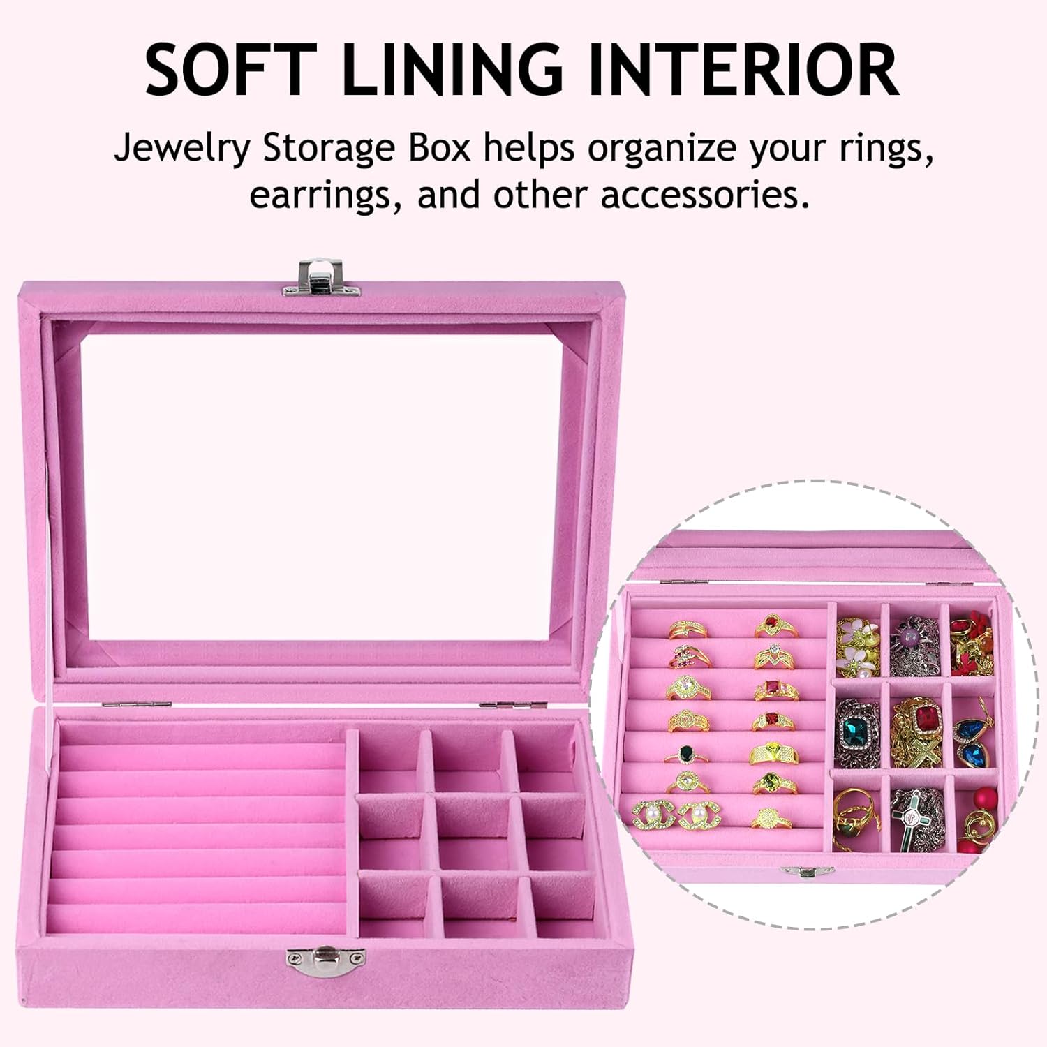 Direct Manufacturer habgp Velvet Jewelry Box Ring Holder for Women, Pink Earring Display Storage Showcase with Clear Lid, Rings Earrings Studs Holder Organizer Box Tray Case for Her Girls Mom Wife Women Low MOQ