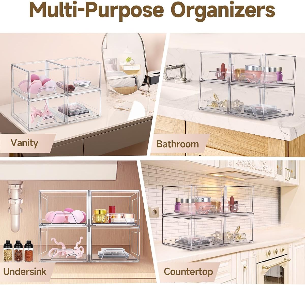 Private Label 4 Pack Stackable Organizer Drawers, 4.4" Tall Clear Bathroom Makeup Organizer and Storage, Acrylic Small Organizers Bins for Vanity, Undersink, Bathroom, Pantry, Kitchen Cabinets Custom Logo Service