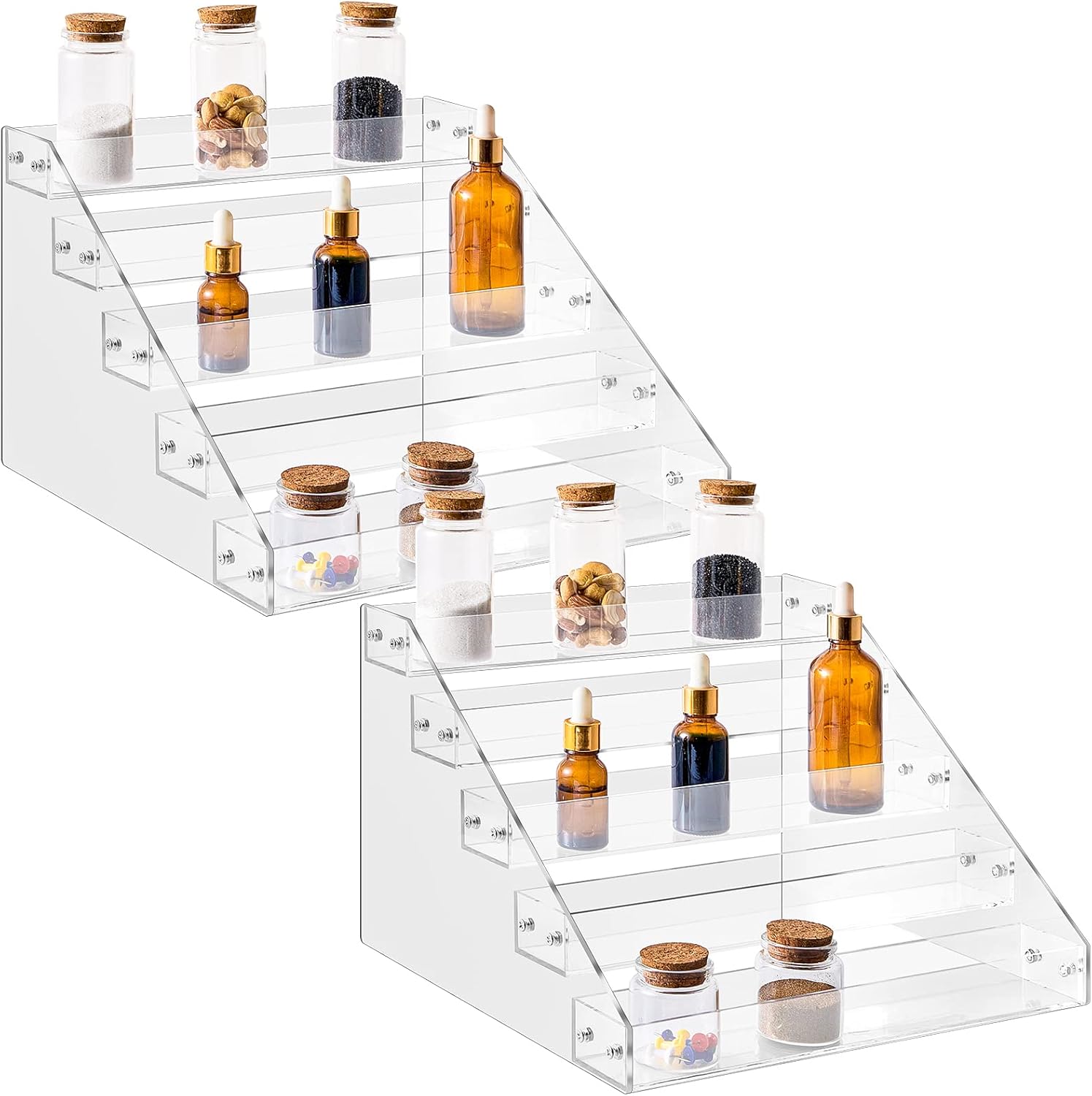 2 Pcs Acrylic Tiered Spice Rack Organizer 5 Tier Vertical Seasoning Organizer Clear Spice Shelf Tiered Pantry Shelves for Cabinet Kitchen Countertop Storage Organization Display, 12.2 x 10.6 x 7.8 In