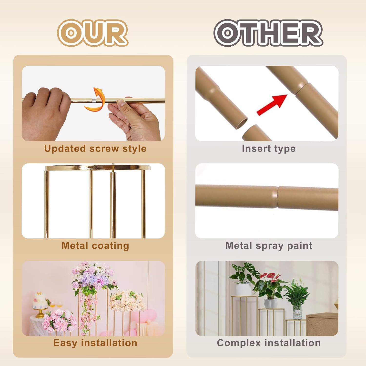 Private Label 3pcs Gold Metal Plant Stand, Cylinder Pedestal Stands for Parties, Metal Plant Columns Pedestal Stands for Display, Round Cylinder Columns tables for Weddings Cake Stand Floor Plant Tables OEM Wholesale Manufacturer