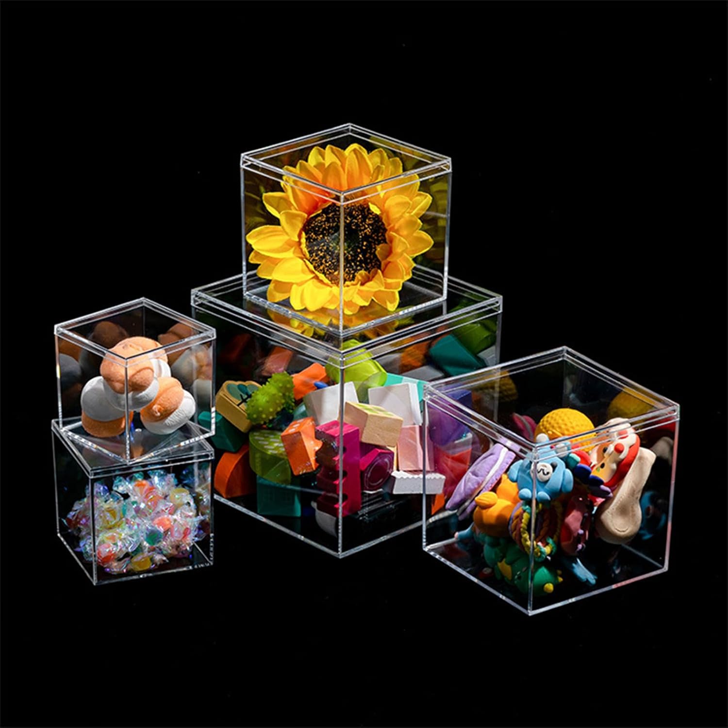 Private Label 4.7/4/3.3/3/2.5 inch Clear Acrylic Box with Lid, Jewelry Display Box, Plastic Square Cube Decorative Storage Boxes for Candy Pill and Tiny Jewelry, Artwork Display Wholesale Manufacturer