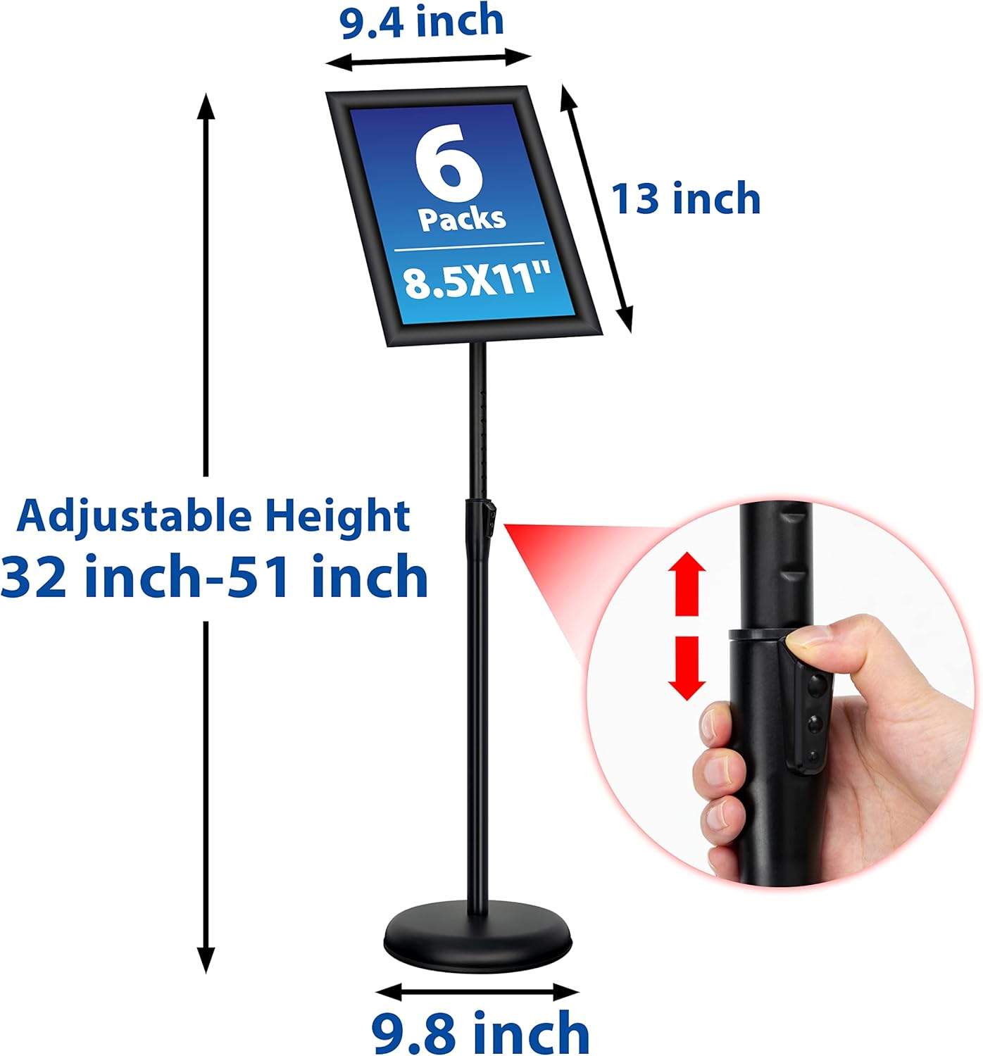 Private Label 6Packs 8.5x11 Inch Adjustable Pedestal Poster Sign Stand, Heavy Duty Floor Standing Sign Holder Stand Aluminum Snap Open Frame for Vertical and Horizontal View Sign Displayed(Black) OEM Wholesale Manufacturer