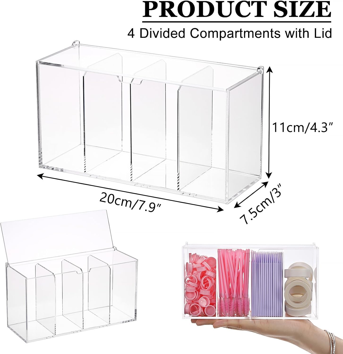 Private Label ELLDOO Lash Extension Organizer Box with Lid, Acrylic Eyelash Supplies Organizer Storage Box, 4 Compartments Bathroom Supplies Storage Container for Cotton Swabs, Balls, Pads, Floss Picks Custom Logo Service