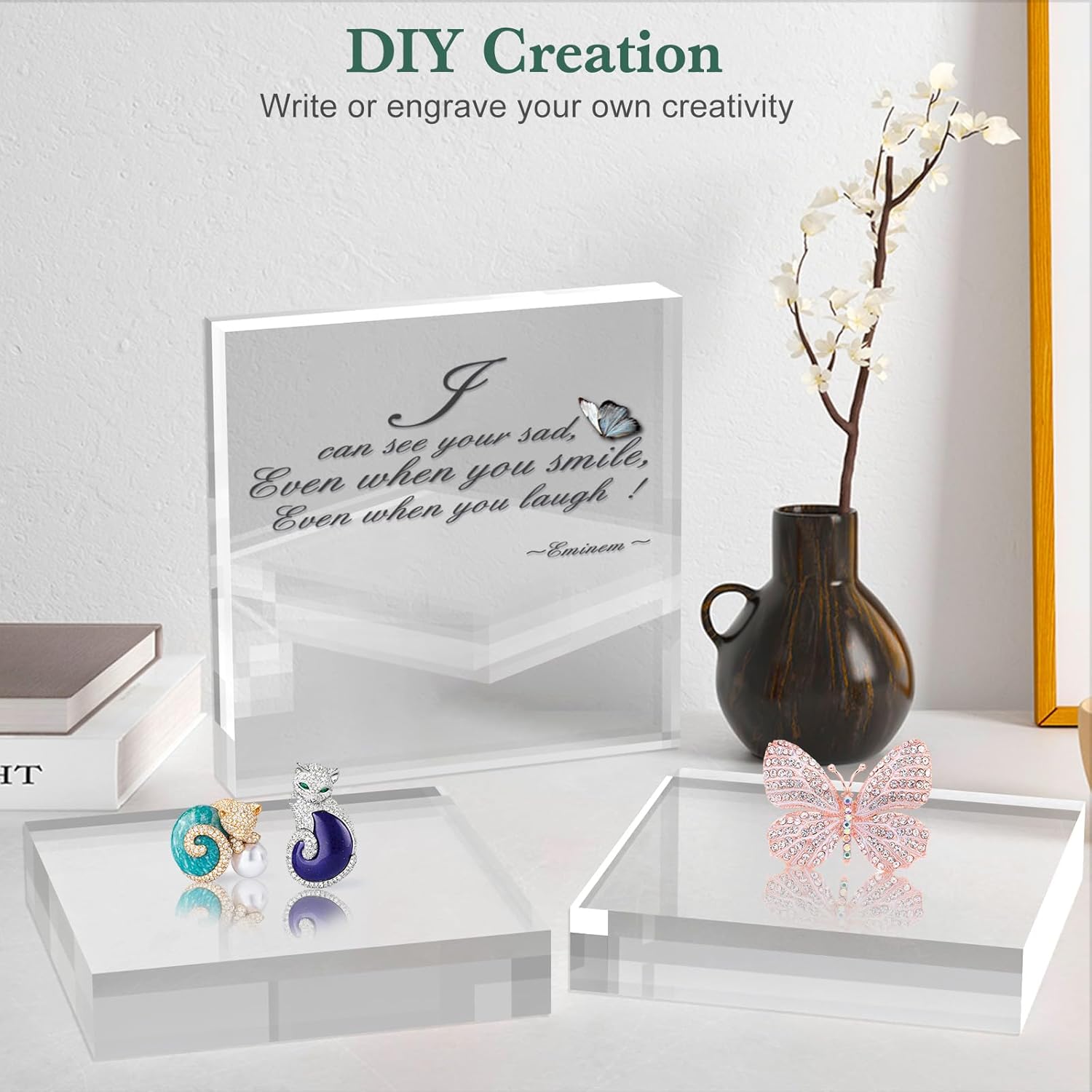 Private Label Acrylic Base Stand 4 Pack 6 X 6 X 1 Inch Acrylic Blocks for Display Trophy Base Clear Square Cube Riser Display Cylinder Pedestal Stands for Collectibles Jewelry Props Food Display OEM Wholesale Manufacturer