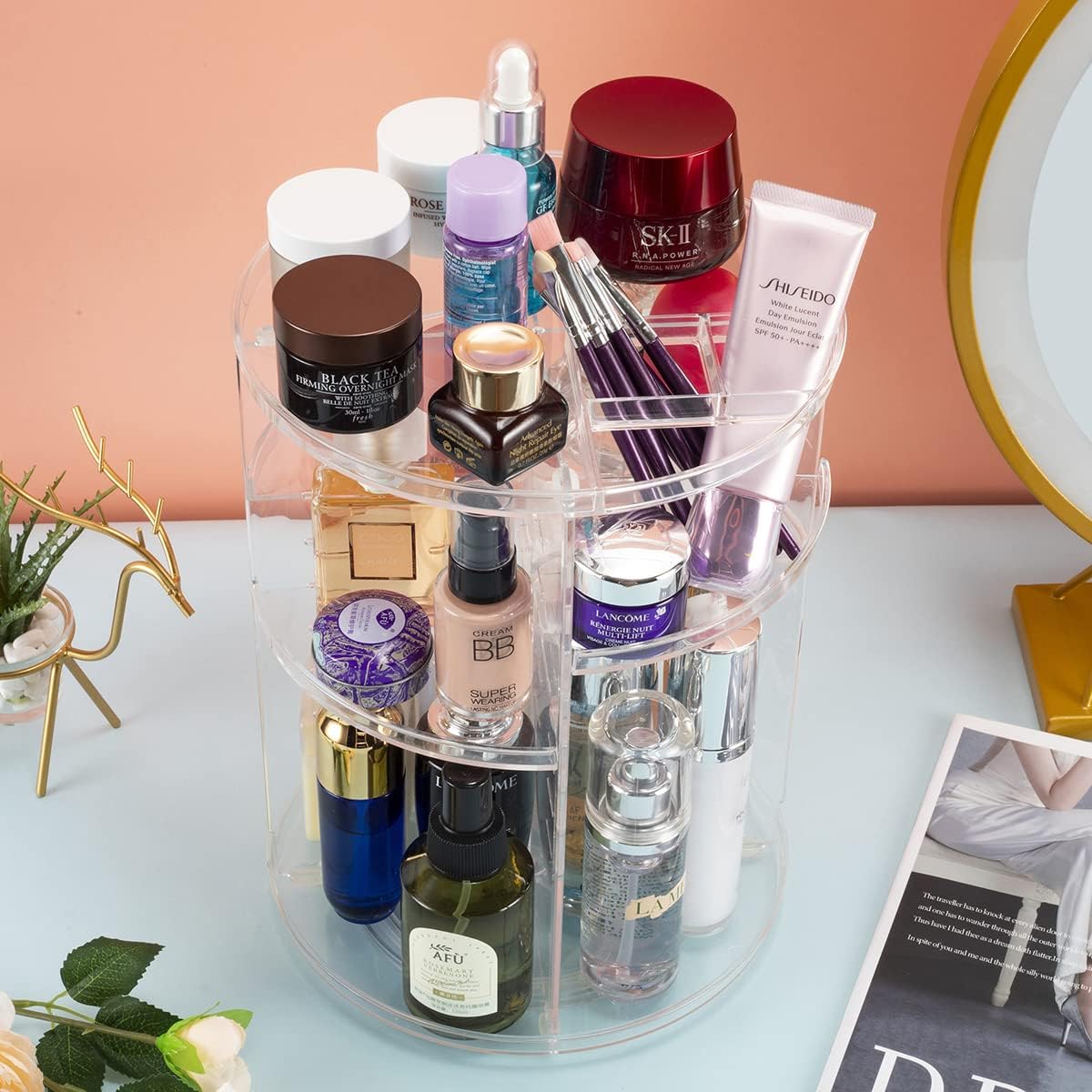 Private Label 360° Rotating Makeup Organizer, Skincare Storage Box, Cosmetic Display Case with Brush Holder Perfume Tray, Multifunctional Rotating Rack Suitable for Dressing Tables and Bathroom Countertops Custom Logo Service