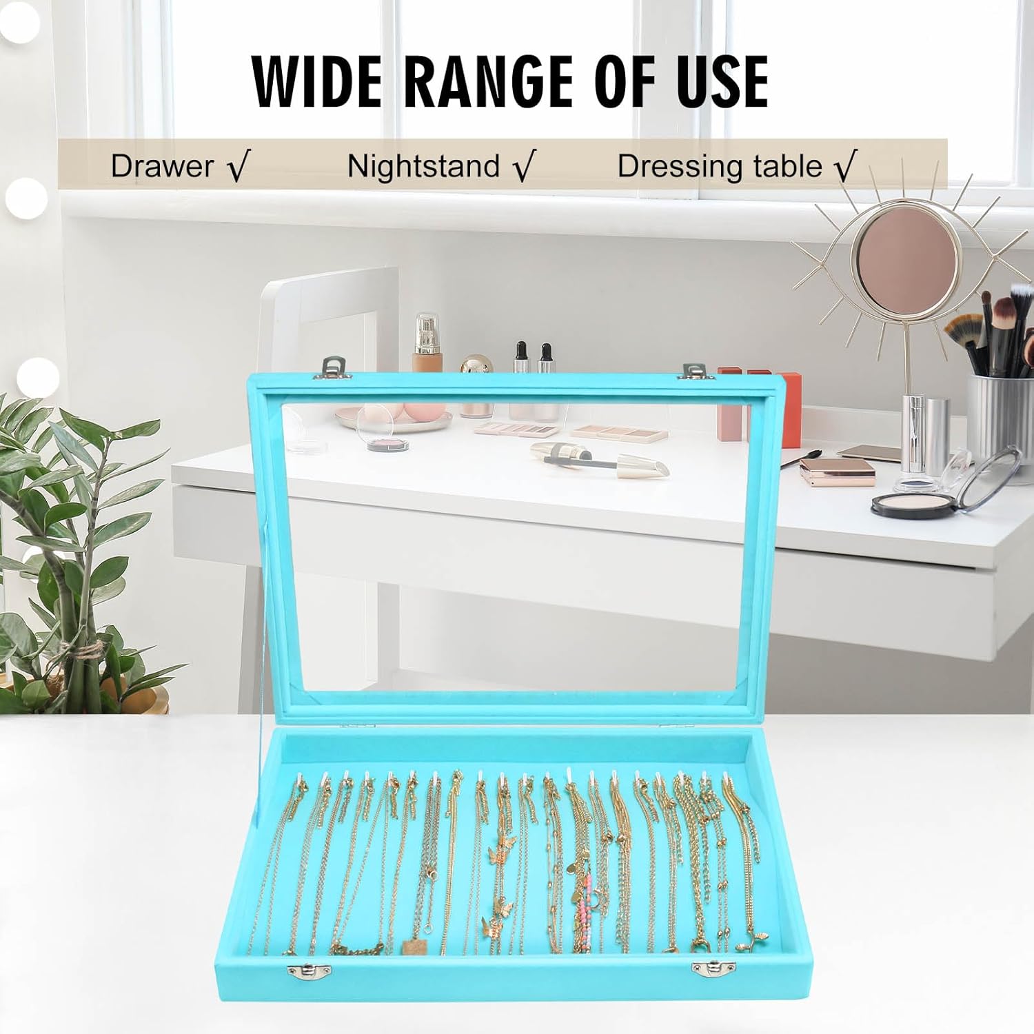 Direct Manufacturer Necklace Organizer Box Premium 20 Hooks Velvet Necklace Display Jewelry Tray with Transparent Lid Jewelry Necklace Display Box for Necklace Pendants Suitable for Women and Girls (Light Blue) Low MOQ