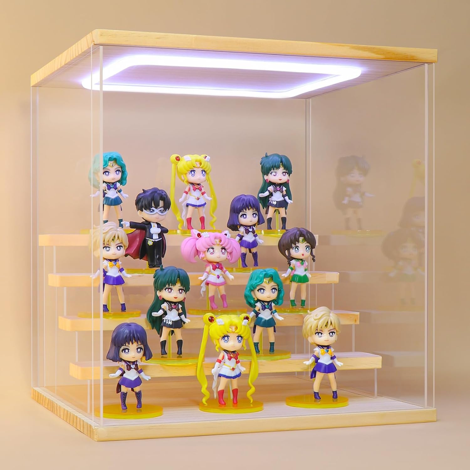 Clear Acrylic Display Case with Led Light for Figure ,5 Tier Display Stand Dustproof Display Box for Collectibles Organize Storage Box Popmart Doll Toy（5 Tier-W*D*H-12.6"x11.4"x13.3"inches）
