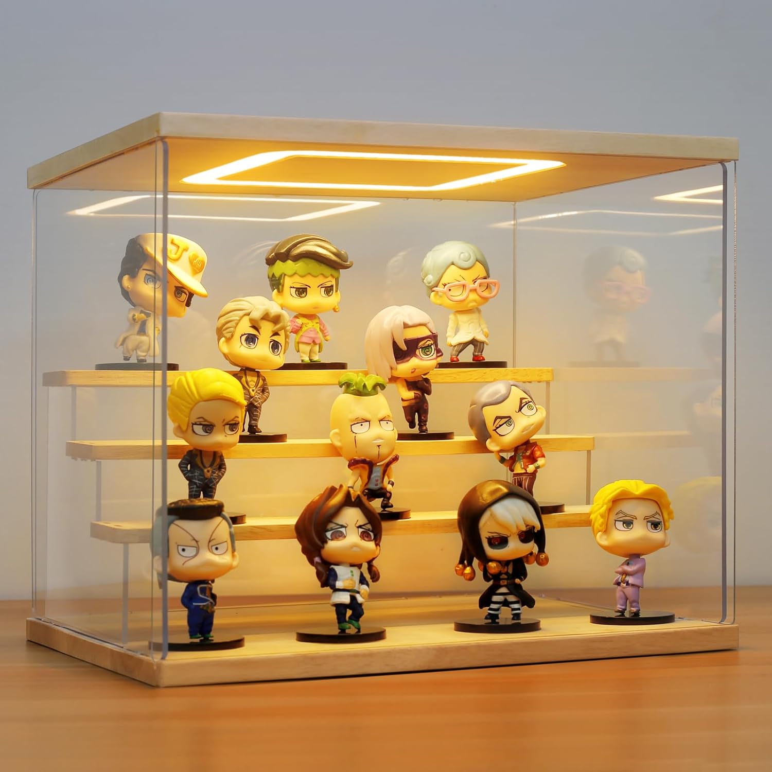 Clear Acrylic Display Case with Light , 4 Tier Display Box Stand Assembly Dustproof Protection Showcase for Collectibles Action Figures (12.6×9.6×10.6in; 32×24.5×27cm)
