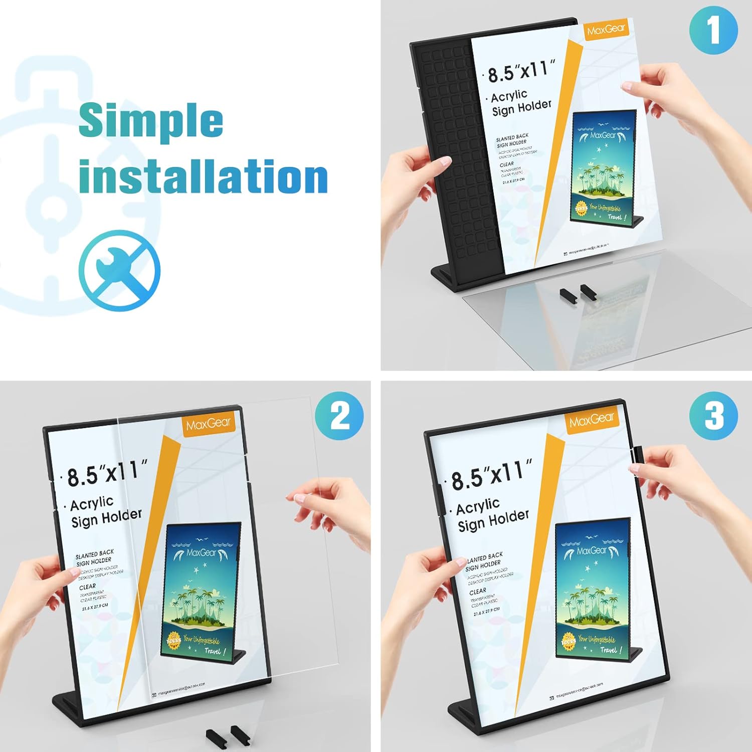 Wholesale MaxGear Fall Resistant Acrylic Sign Holder 8.5 x 11 Inches 3 Pack, Slant Back Table Flyer Menu Display Stand, Heavy Duty Plastic Acrylic Sign Frame Paper Holder for Business, Store, Restaurant, Black China Factory Bulk Supply
