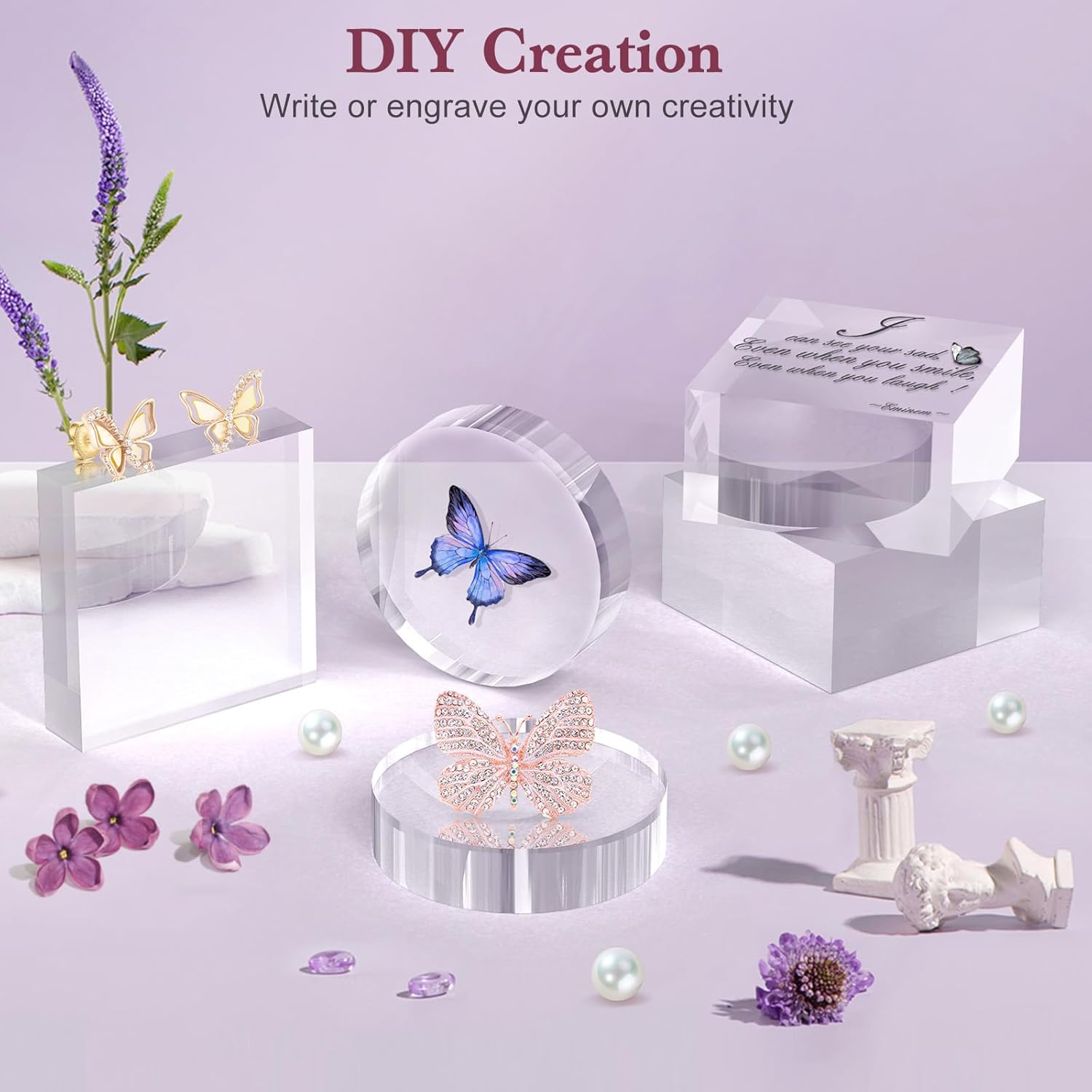 Private Label Acrylic Base Stand 2 Pieces Acrylic Blocks for Display 4 X 4 X 1 Inch Clear Polished Block Square Cube Riser Display Pedestal Stands for Jewelry Perfume Ring Collection Props Cake OEM Wholesale Manufacturer