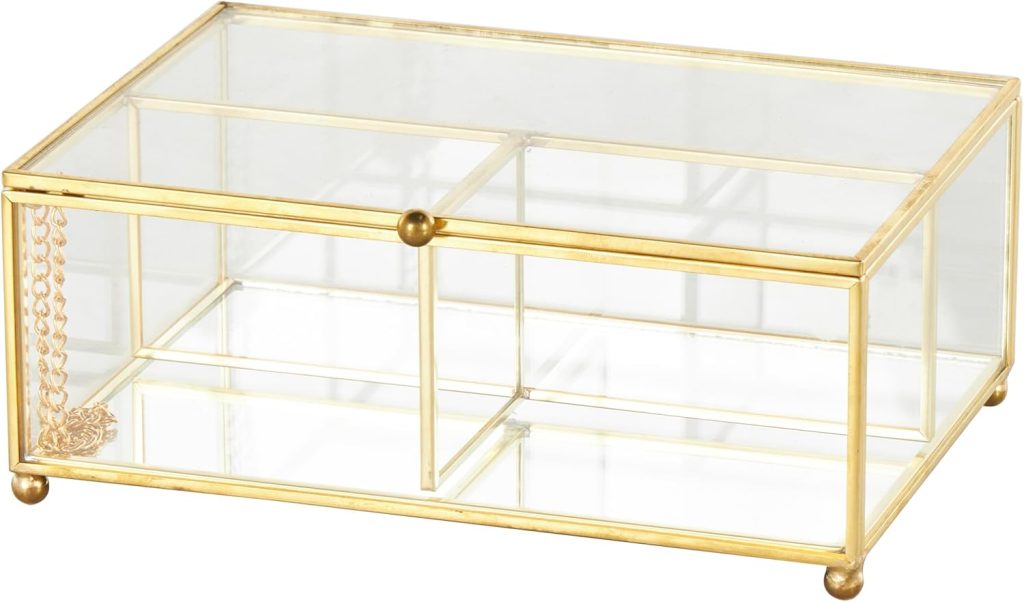 Deco 79 Glass Decorative Jewelry Box 3 Slot Jewelry Organizer with Gold Metal Frame and Chain Accent, Jewelry Holder 7" x 5" x 3", Clear