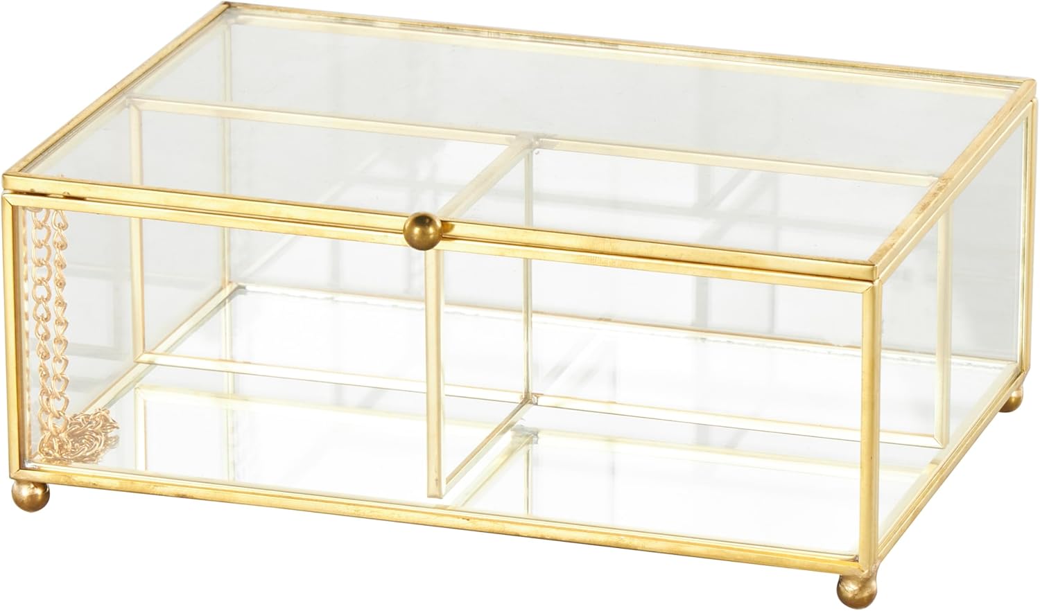 Deco 79 Glass Decorative Jewelry Box 3 Slot Jewelry Organizer with Gold Metal Frame and Chain Accent, Jewelry Holder 7" x 5" x 3", Clear