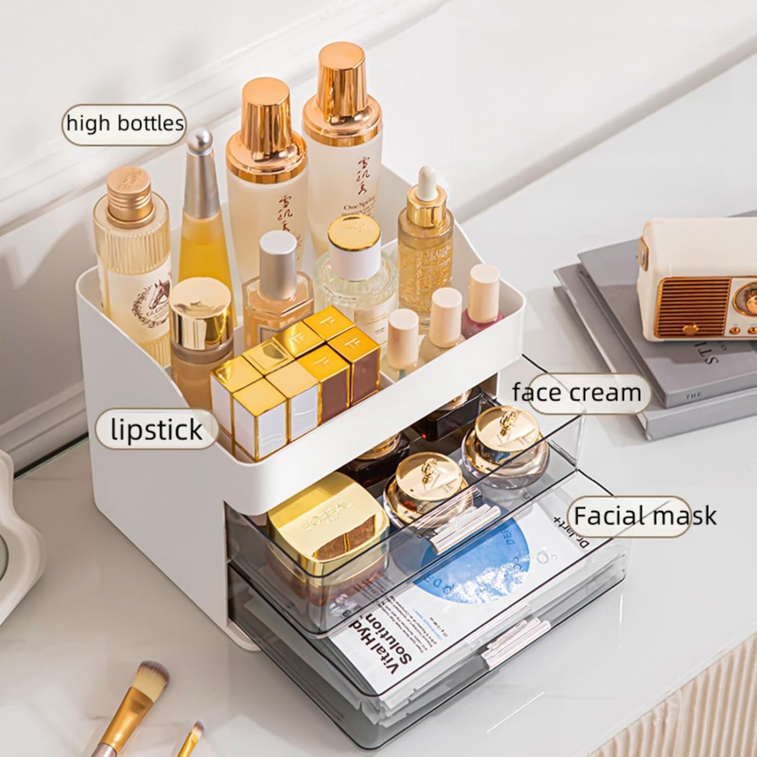 Private Label Pink Makeup & Skincare Organizer - 2 Drawer Vanity Storage Box with Cosmetic Display Case Factory Direct Price