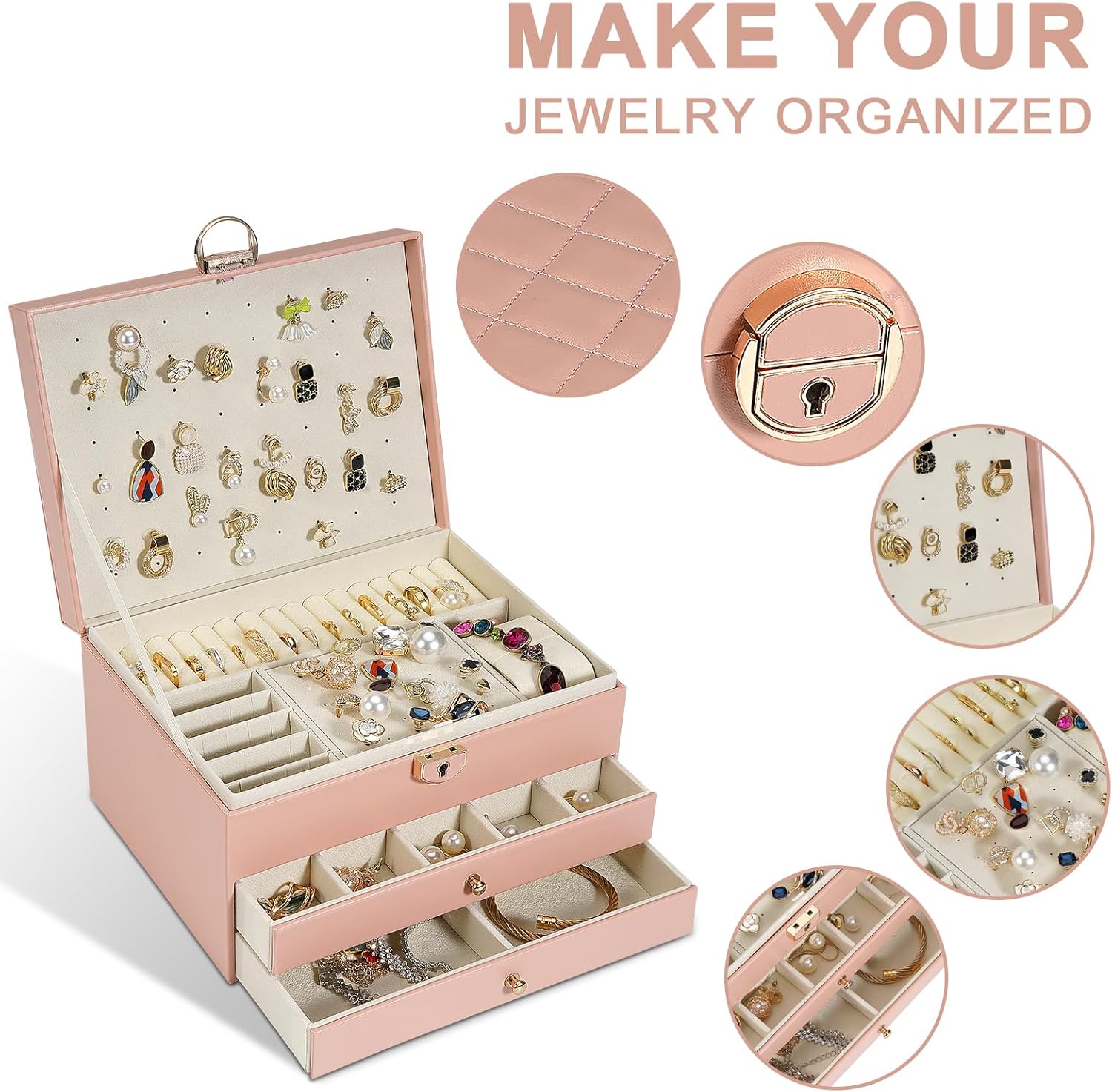 Direct Manufacturer 3-Layer Jewelry Box for Women, Jewelry Organizers and Storage with Removable Jewelry Tray, Vintage Quilted Top Lockable Jewelry Holder Gift Idea Pink Low MOQ