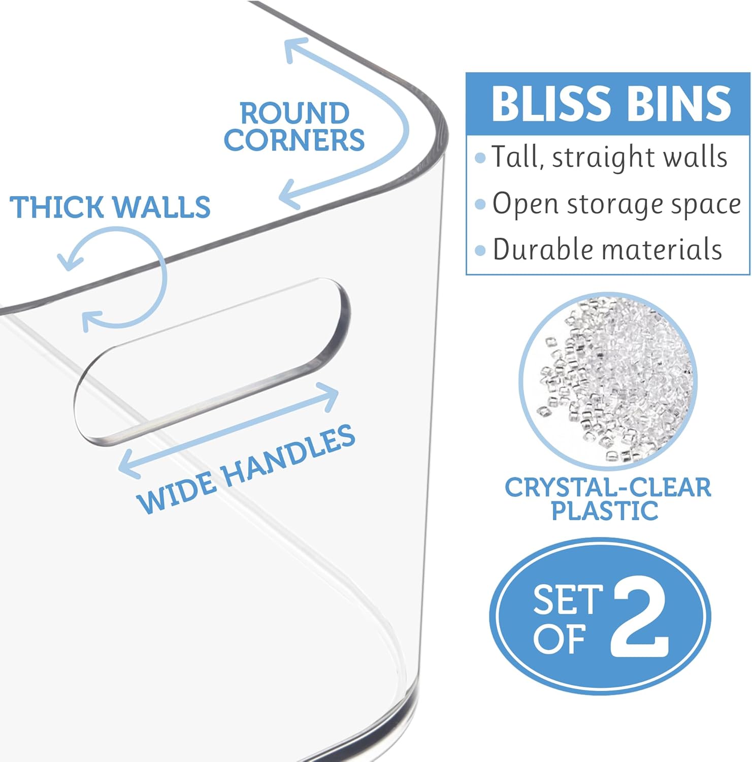 Private Label STORi Bliss 10" x 6" Open Clear Pantry Organizer Bin, Set of 2, Plastic Containers with Handle for Kitchen, Fridge, Cabinet, Closet, Bathrom, Undersink Storage Made in USA Custom Logo Service