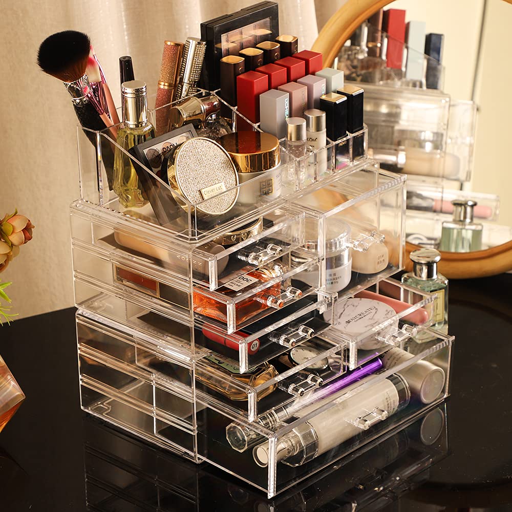 Private Label Cq acrylic Clear Makeup Storage Organizer Drawers Skin Care X Large Cosmetic Display Cases Stackable Storage Box With 7 Drawers For Dresser,Pack of 1 Custom Logo Service