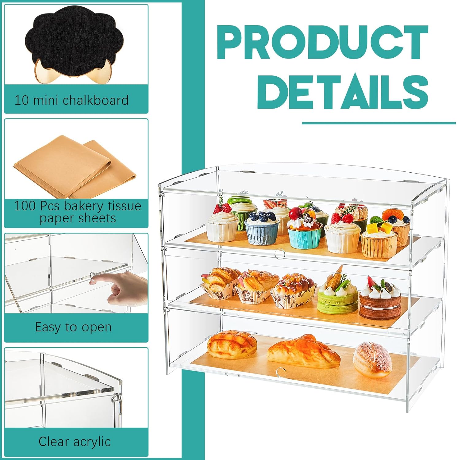 Wholesale OEM ODM 3 Tier Bakery Pastry Display Case,Clear Acrylic Display Case,Commercial Countertop Cabinet with Chalkboard and Brown Paper for Bread Cookie Cupcake Party Event Stores Factory & Supplier