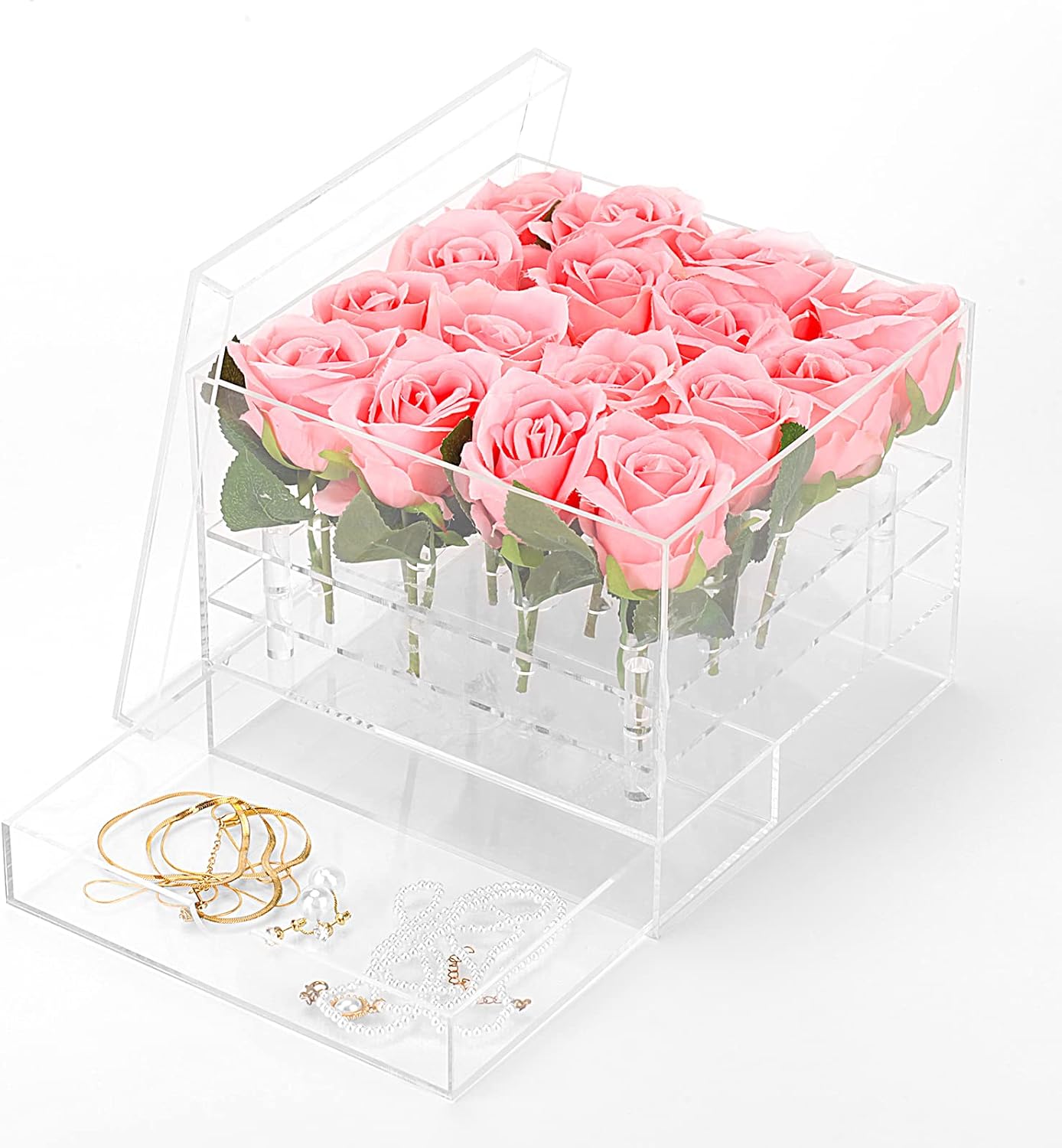 Private Label Choowin Clear Acrylic Flower Box with Drawer - Decorative Keepsake Box - 16 Hole Flower Vase - 7.9x7.9x5.9 inch Wholesale Manufacturer