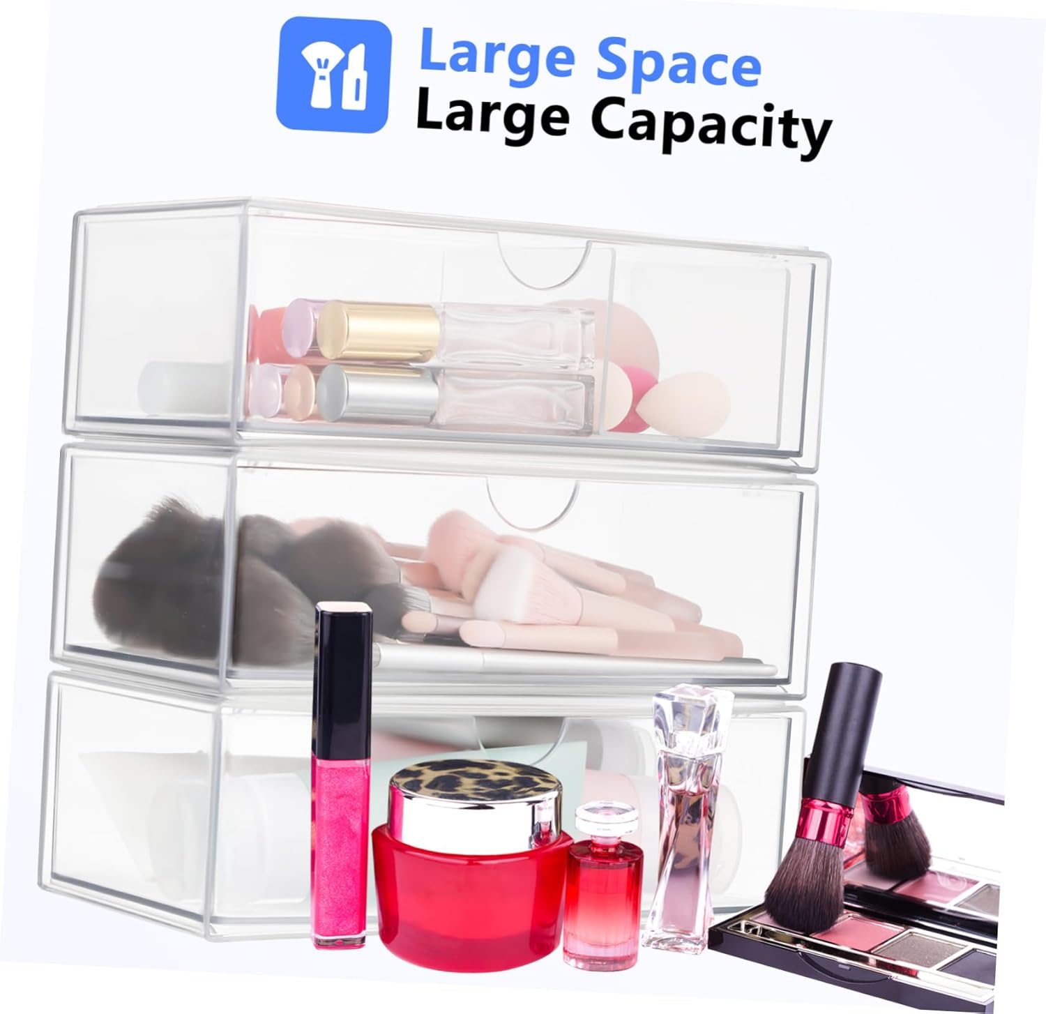 Private Label 3Pcs Clear Makeup Organizer Transparent Vanity Storage Box for Lipsticks Cotton Pads and Cosmetics Stylish and Lidded Makeup Storage for Neat Custom Logo Service