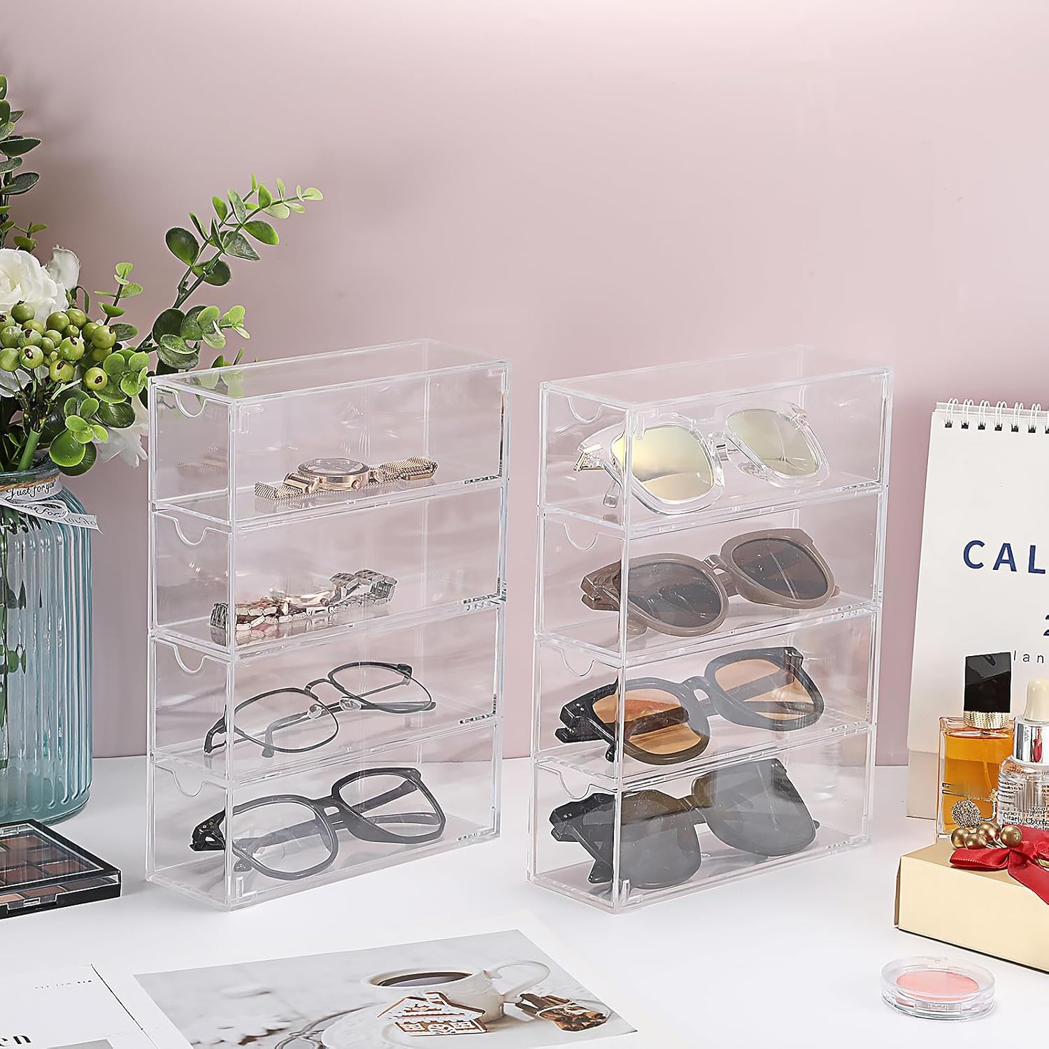Private Label Hipiwe Acrylic Sunglasses Organizer, 2 Pack Glasses Case Multiple Pairs Eyeglass Storage Organizer Sunglass Display Case with 4 Drawer Acrylic Storage Drawers for Jewelry Watch Custom Logo Service
